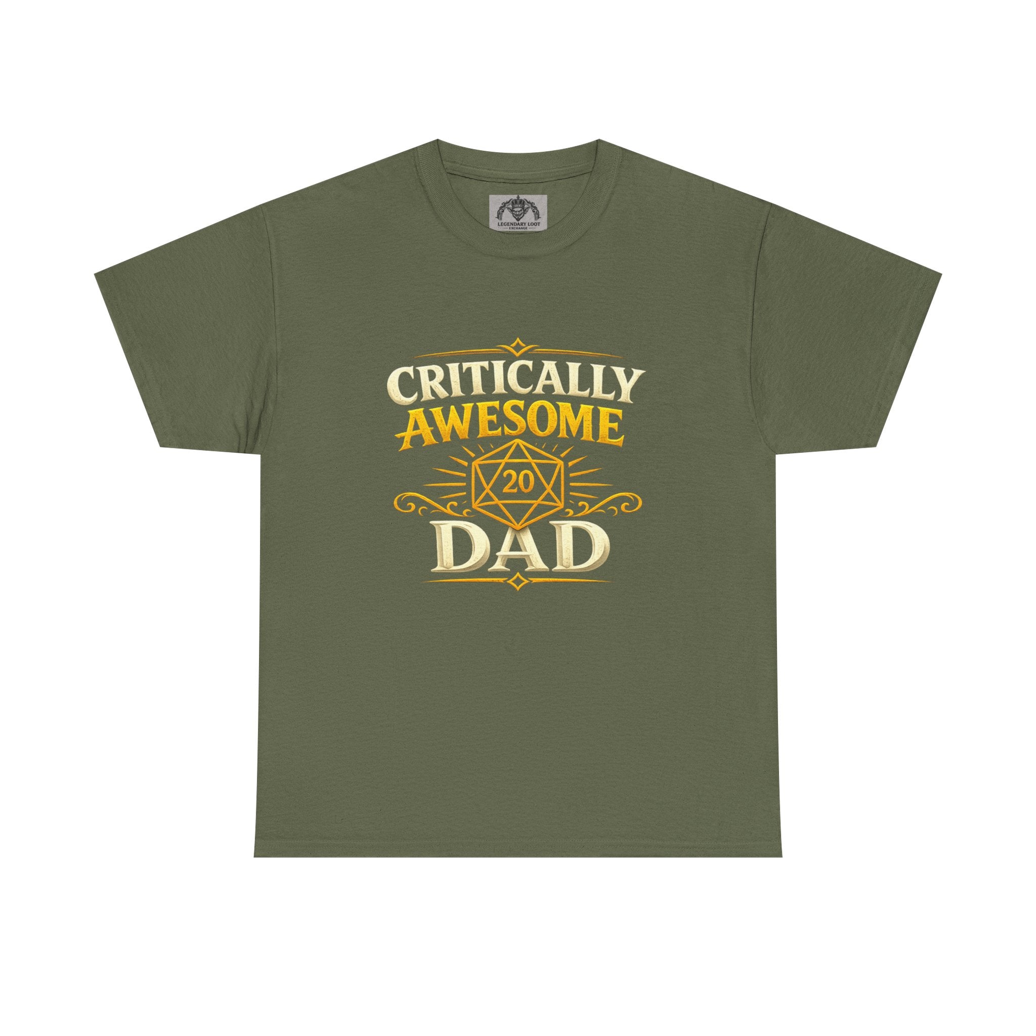 Critically Awesome Dad T‑Shirt – Gold D20 Gaming Father Tee (Father’s Day, Gamer Dad Gift)