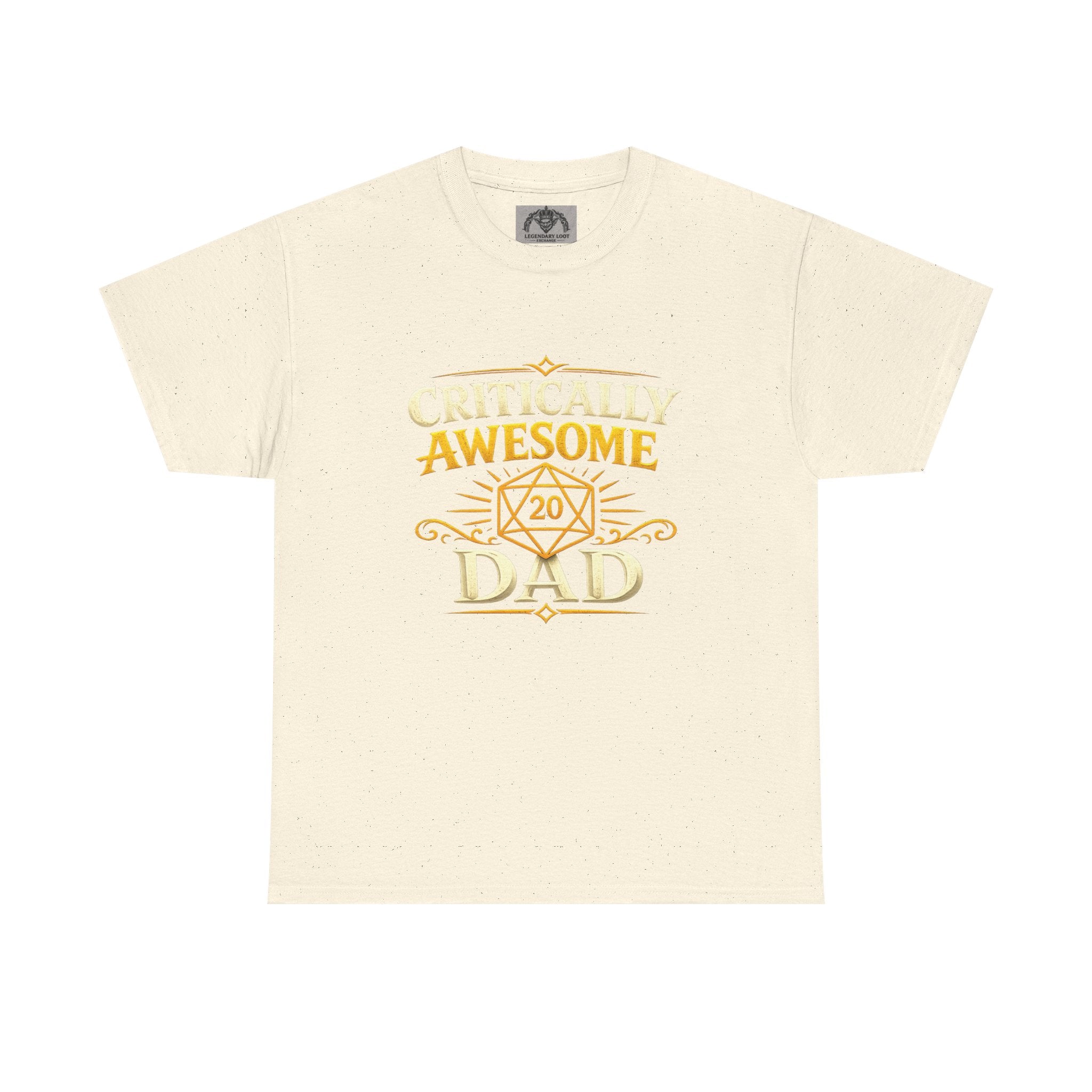 Critically Awesome Dad T‑Shirt – Gold D20 Gaming Father Tee (Father’s Day, Gamer Dad Gift)