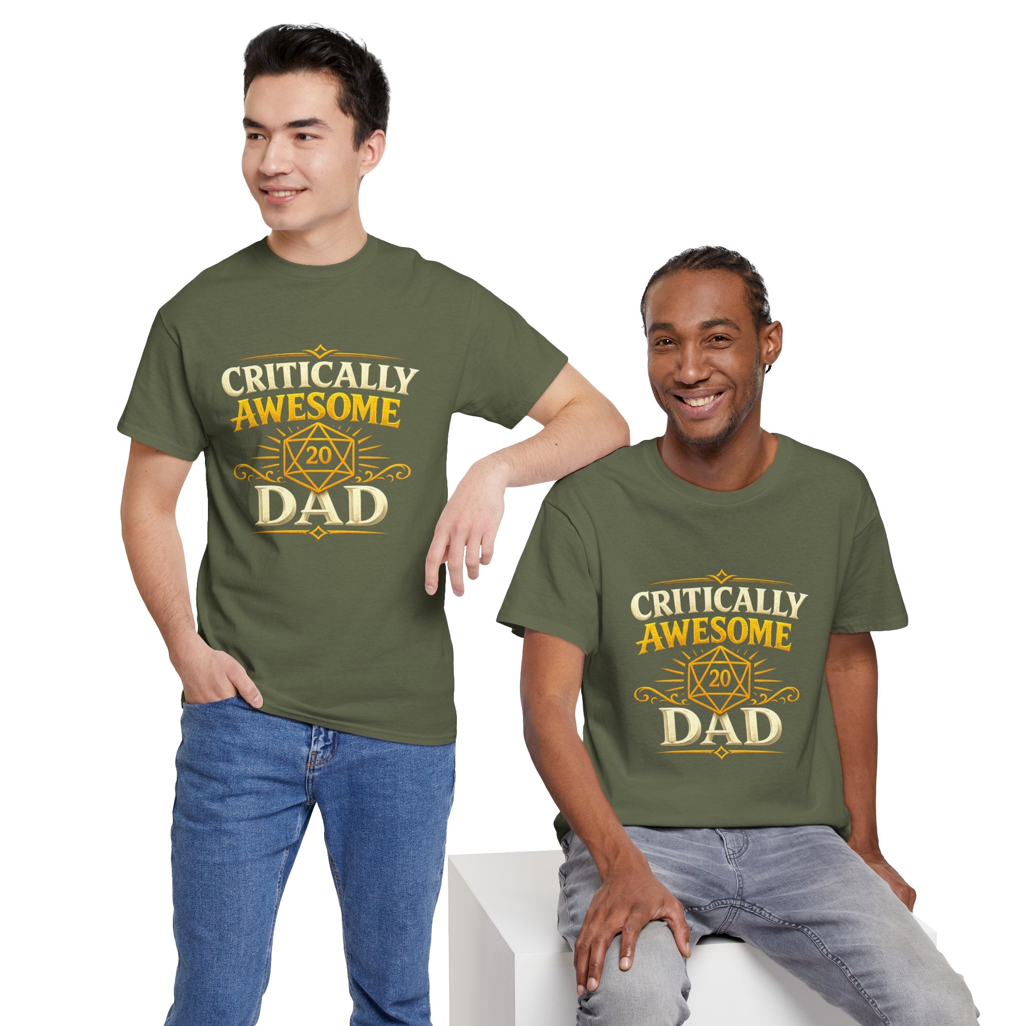 Critically Awesome Dad T‑Shirt – Gold D20 Gaming Father Tee (Father’s Day, Gamer Dad Gift)