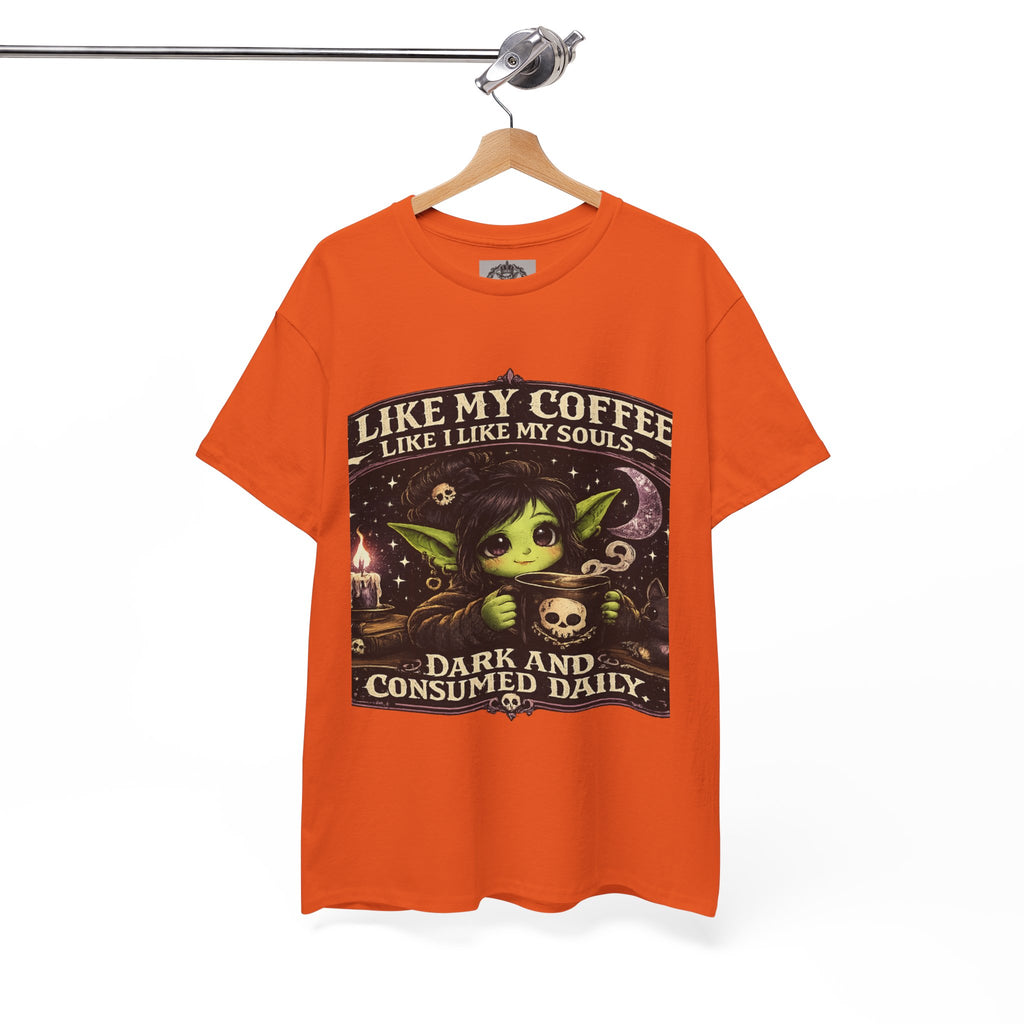 Like My Coffee Tee — "Like My Coffee Like I Like My Souls: Dark and Consumed Daily" Gothic Graphic T-Shirt