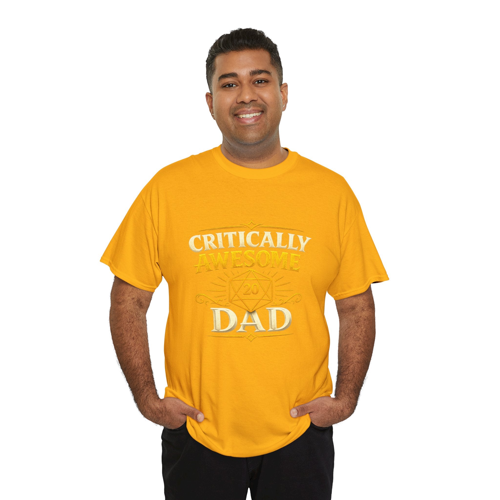 Critically Awesome Dad T‑Shirt – Gold D20 Gaming Father Tee (Father’s Day, Gamer Dad Gift)