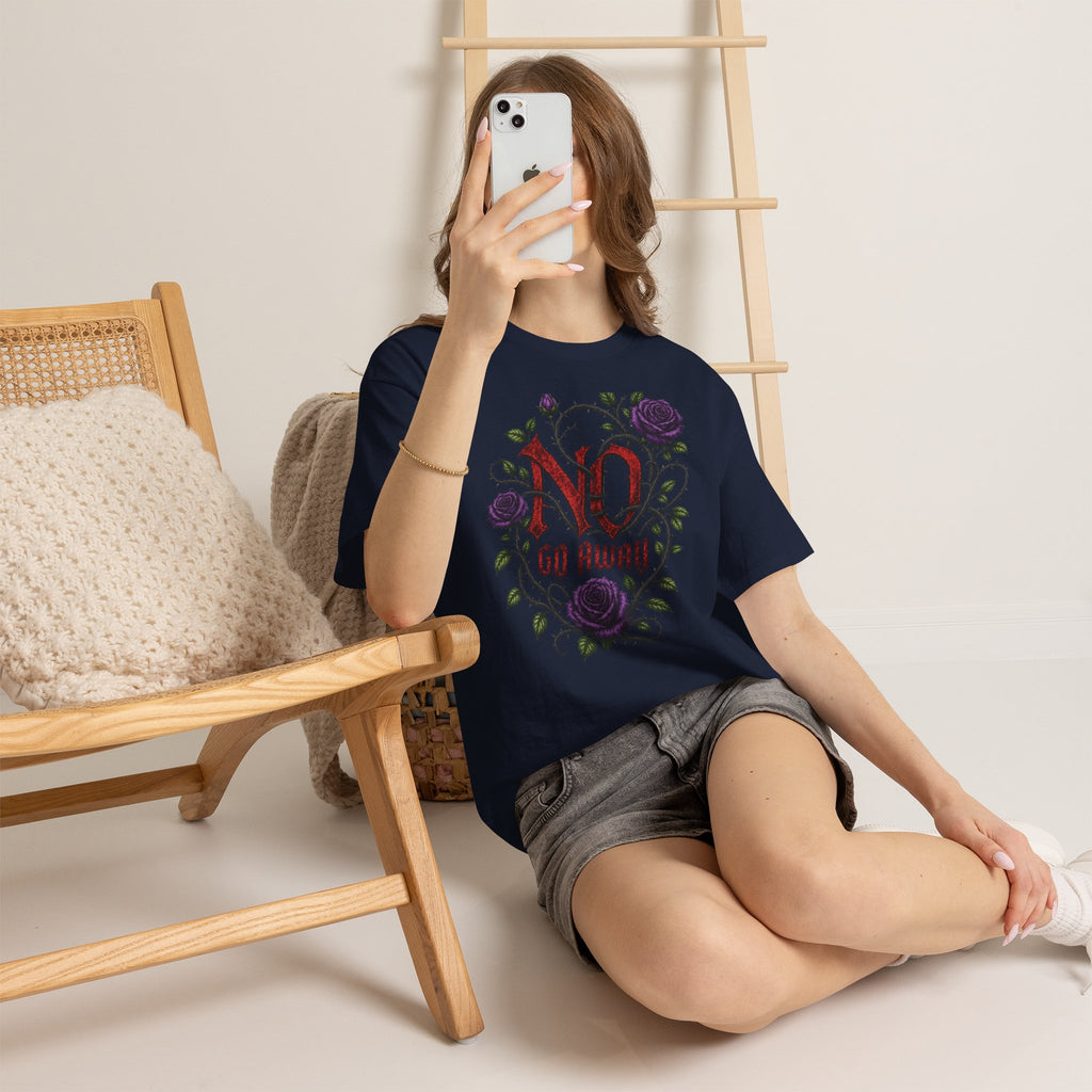 No Go Away T-Shirt | Gothic Purple Roses, Dark Floral Typography