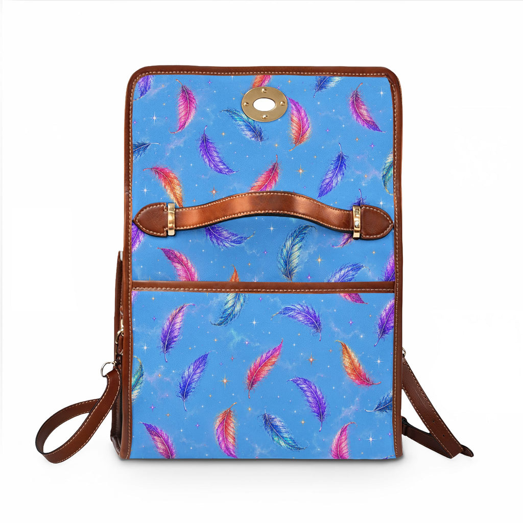 Colorful Watercolor Feathers Waterproof Canvas Bag | Blue Feather Print Tote