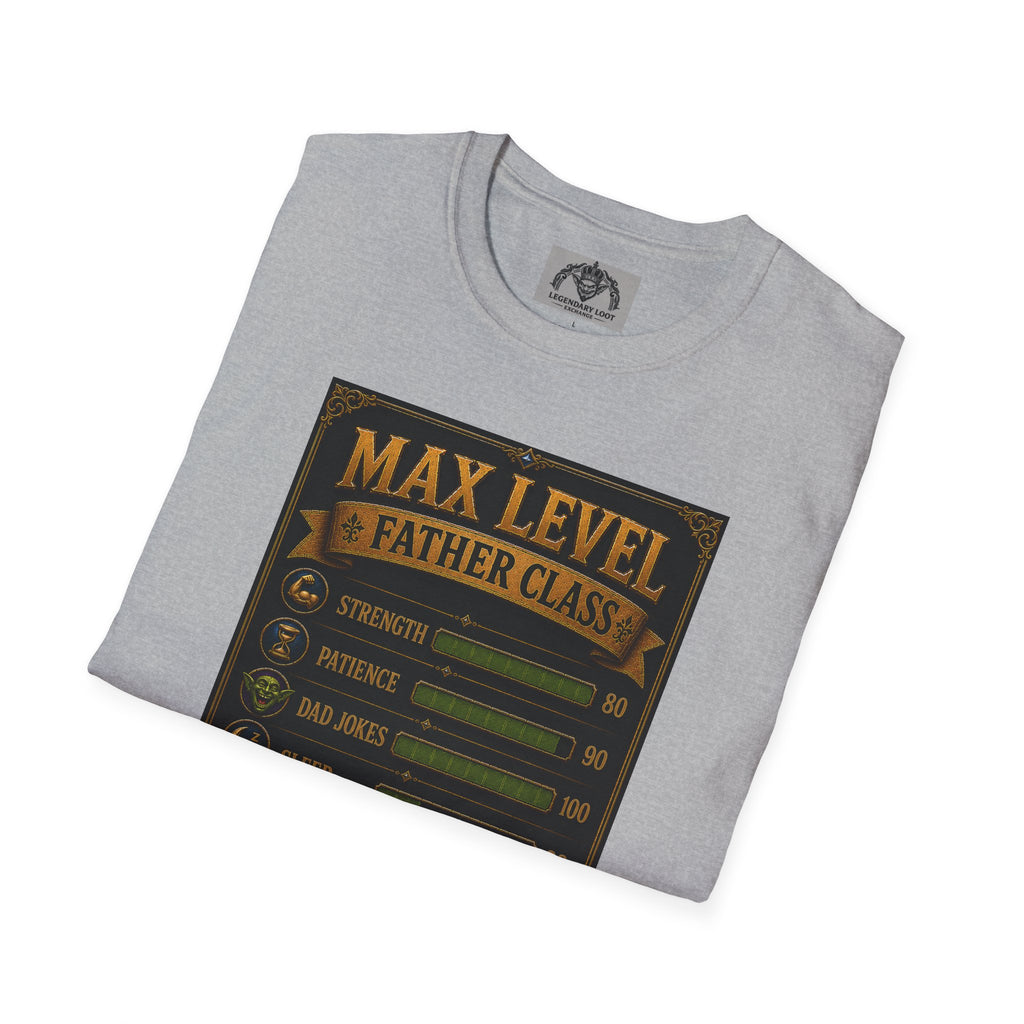 T-Shirt — "Max Level Father Class" Funny Gamer Dad Shirt (Strength, Patience, Dad Jokes)