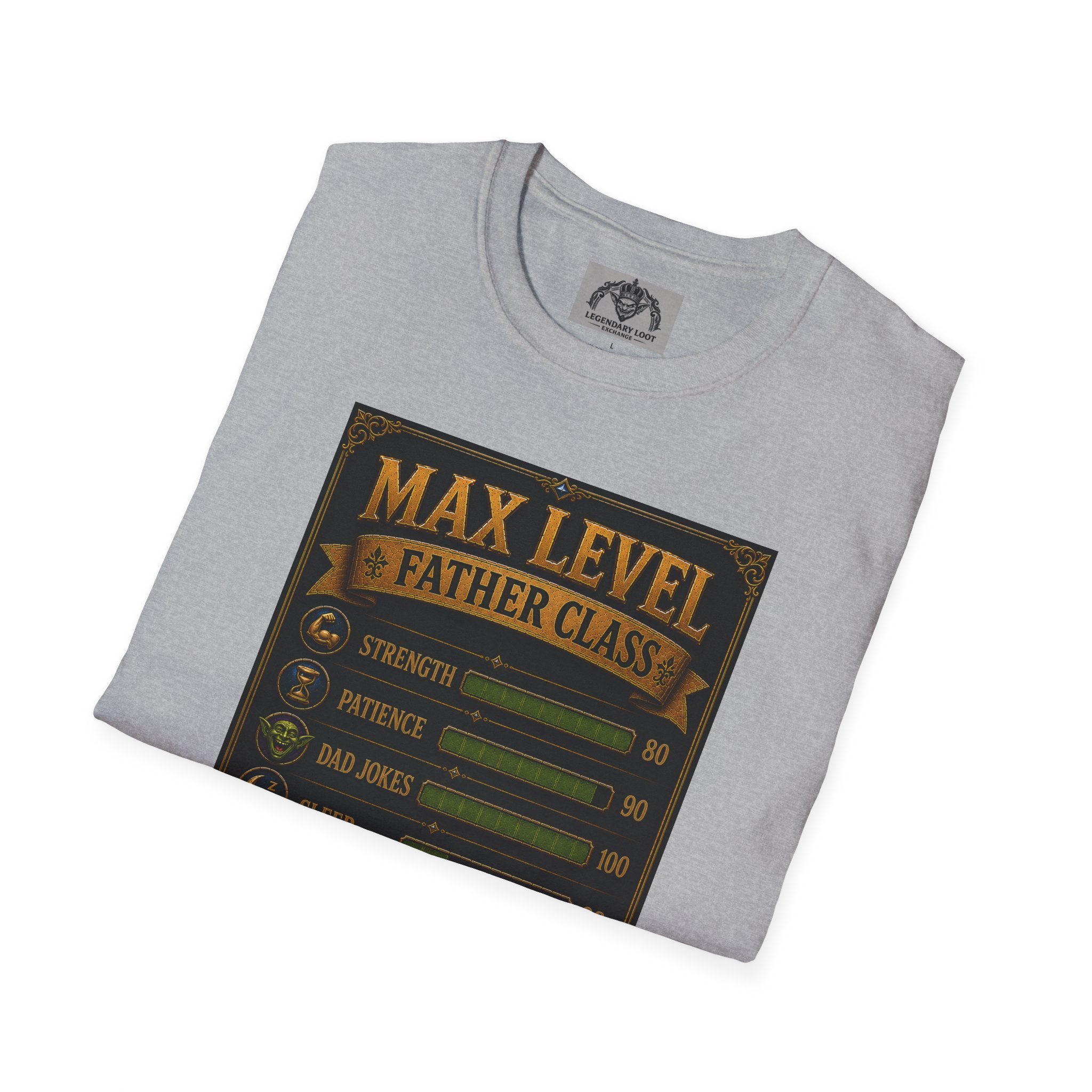 T-Shirt — "Max Level Father Class" Funny Gamer Dad Shirt (Strength, Patience, Dad Jokes)