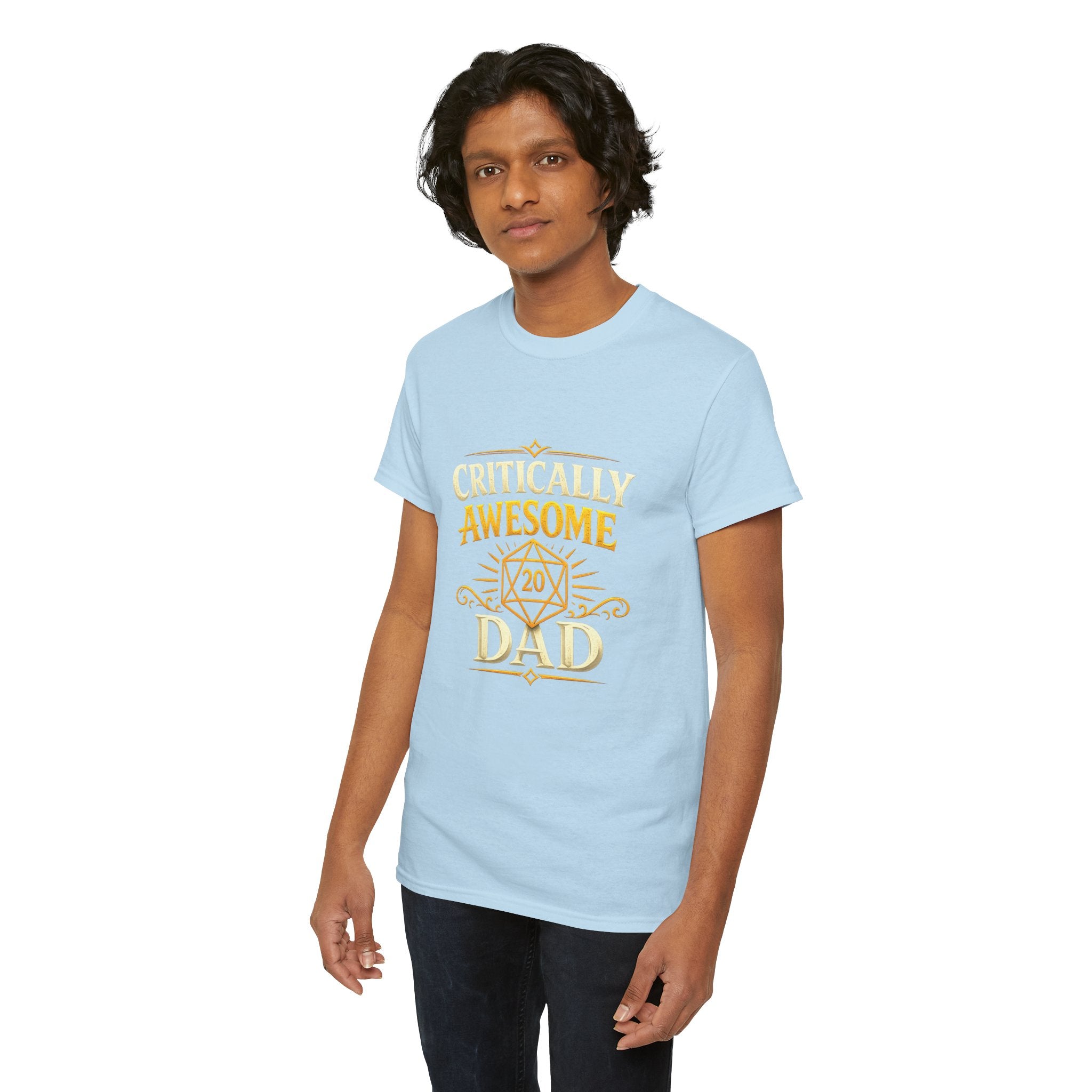Critically Awesome Dad T‑Shirt – Gold D20 Gaming Father Tee (Father’s Day, Gamer Dad Gift)