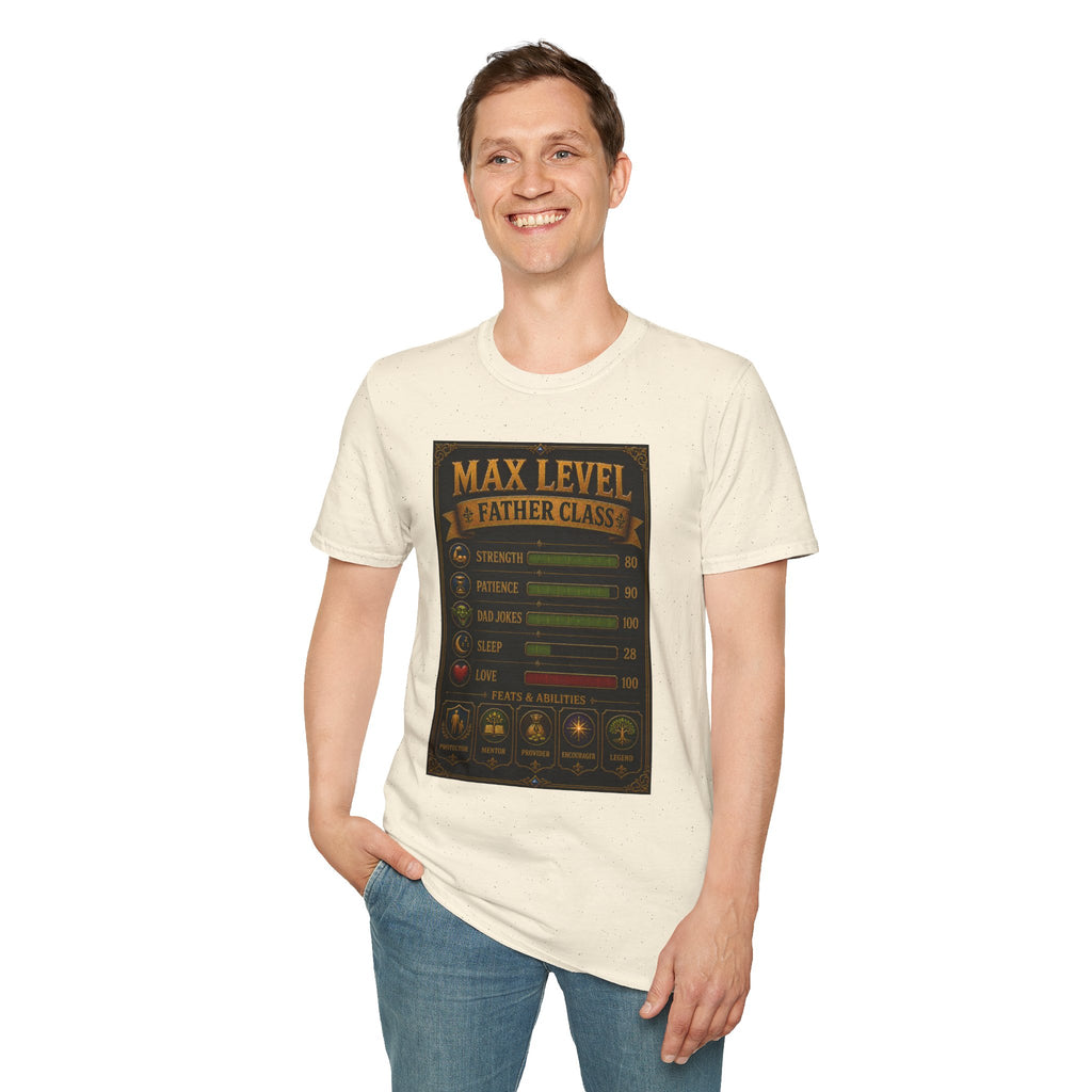 T-Shirt — "Max Level Father Class" Funny Gamer Dad Shirt (Strength, Patience, Dad Jokes)