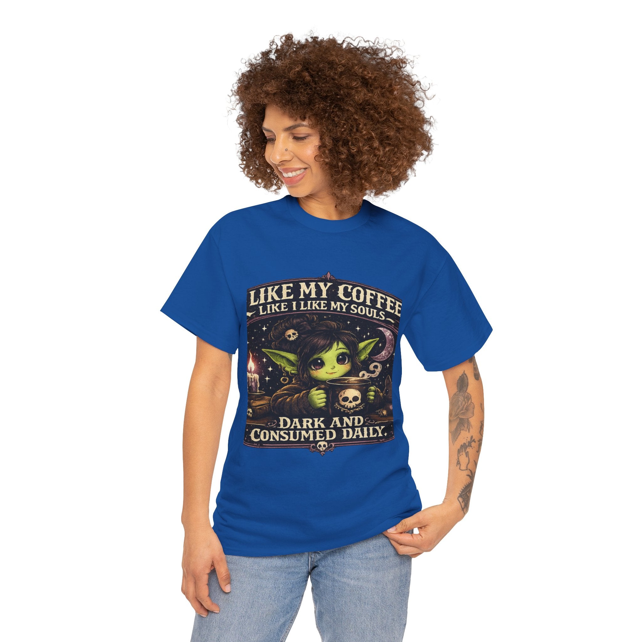 Like My Coffee Tee — "Like My Coffee Like I Like My Souls: Dark and Consumed Daily" Gothic Graphic T-Shirt