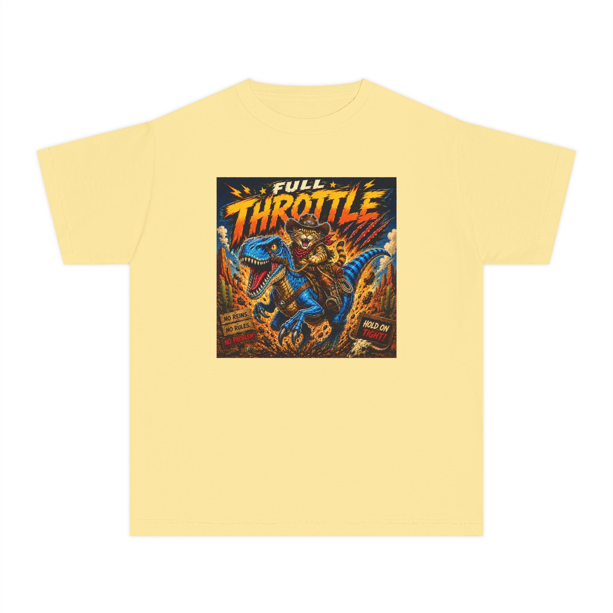 Full Throttle Kids Shirt | Cowboy Riding Dinosaur Tee | Retro Raptor Youth Shirt