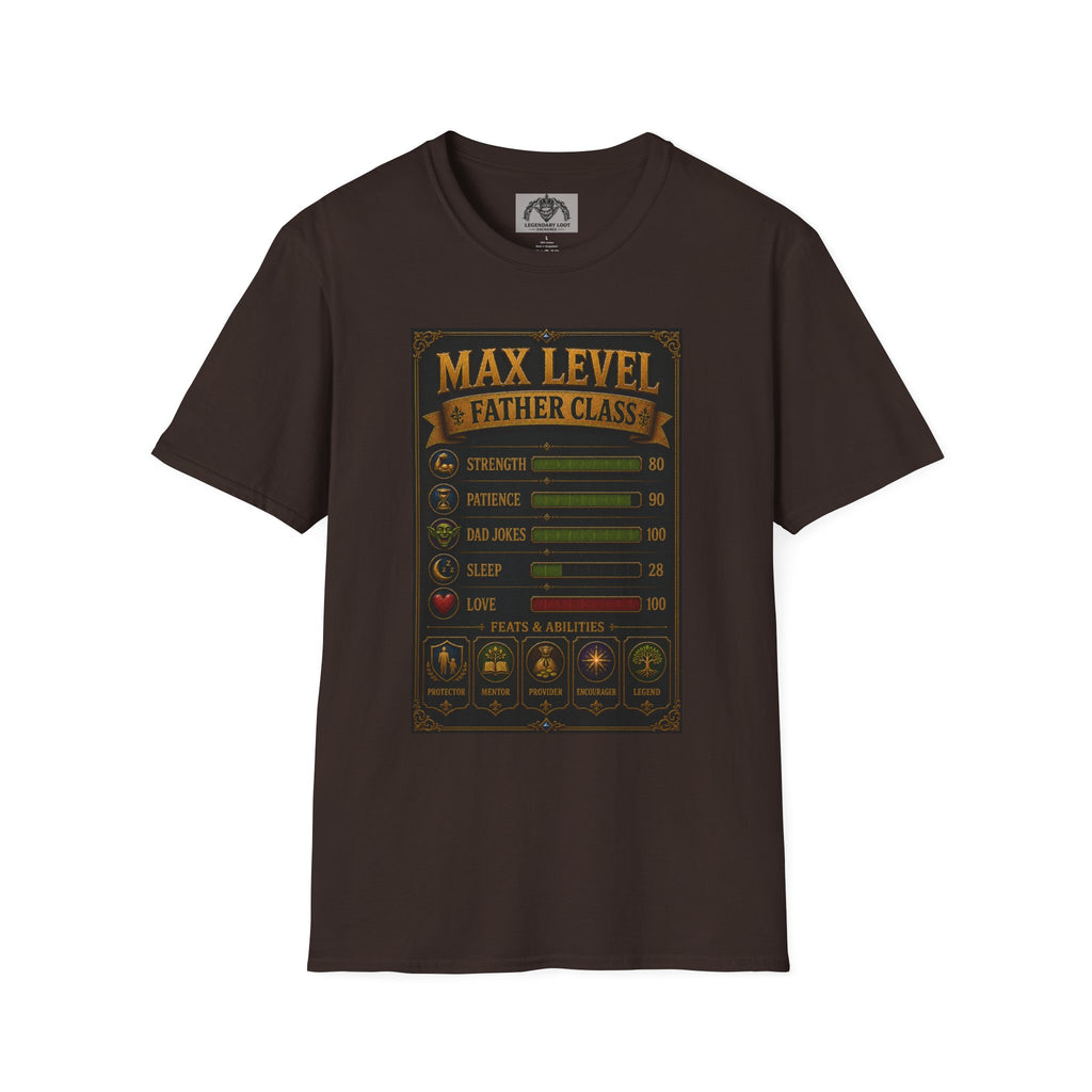T-Shirt — "Max Level Father Class" Funny Gamer Dad Shirt (Strength, Patience, Dad Jokes)