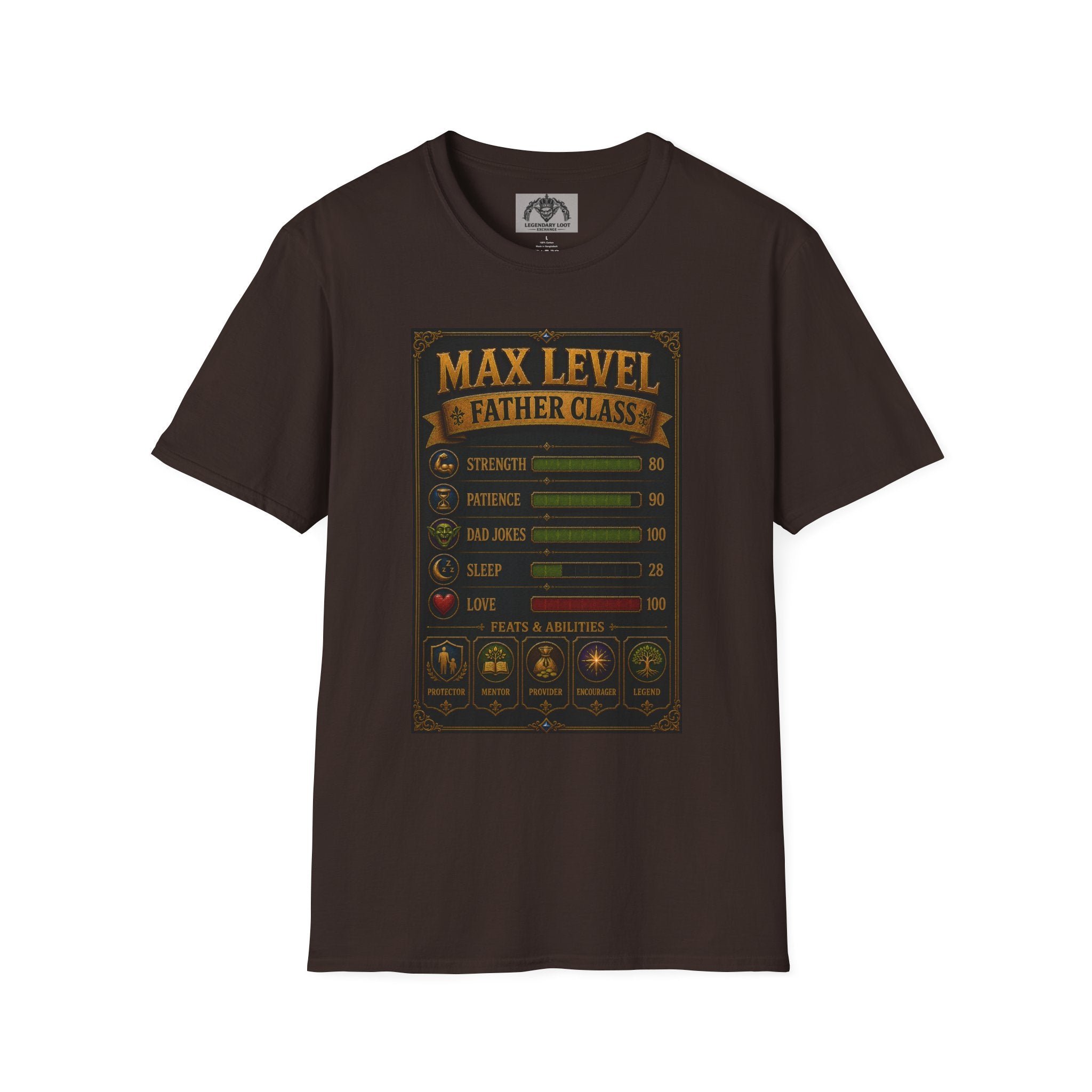 T-Shirt — "Max Level Father Class" Funny Gamer Dad Shirt (Strength, Patience, Dad Jokes)