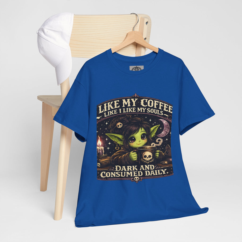 Like My Coffee Tee — "Like My Coffee Like I Like My Souls: Dark and Consumed Daily" Gothic Graphic T-Shirt