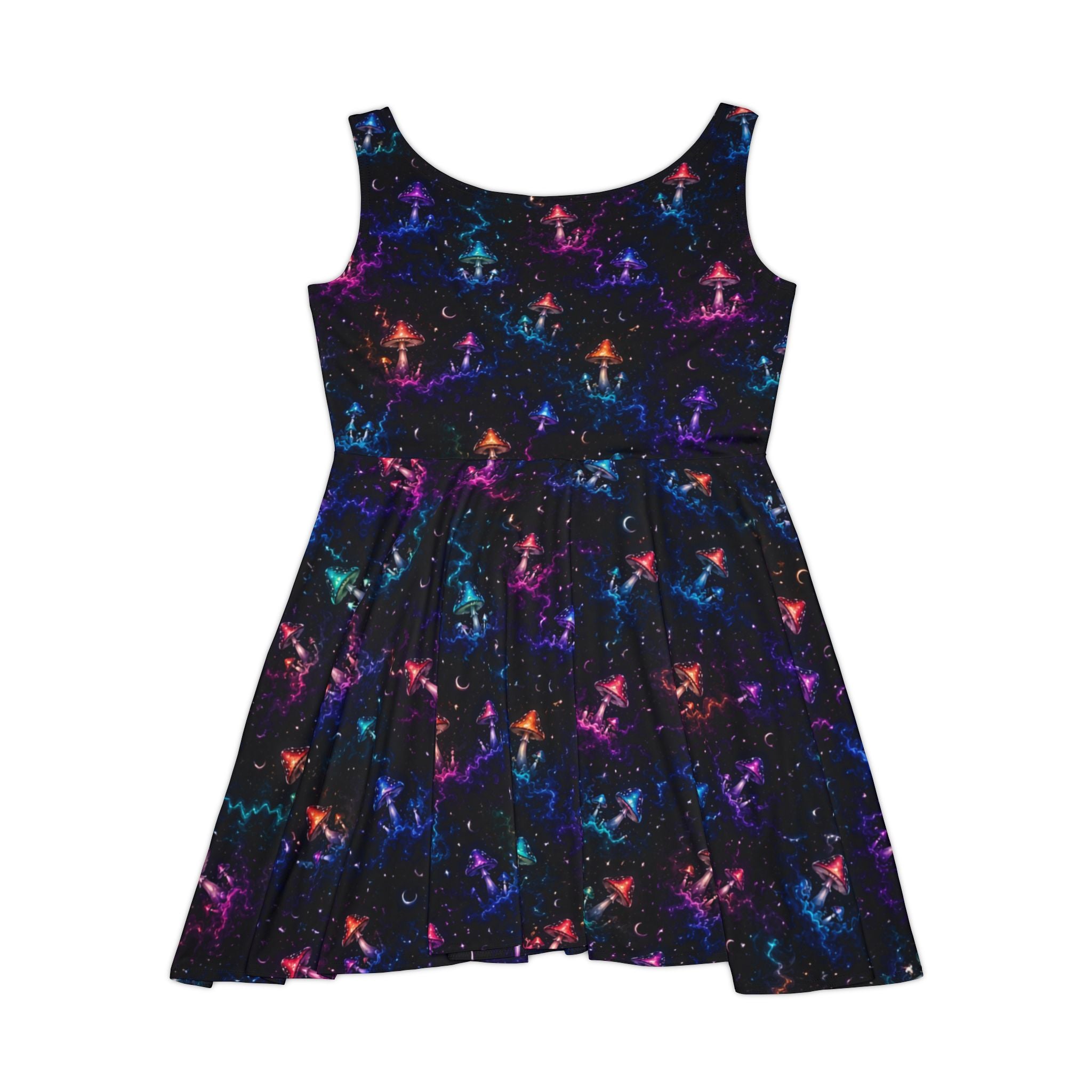 Neon Galaxy Mushroom Pattern Skater Dress | Space Nebula Stars All-Over Print