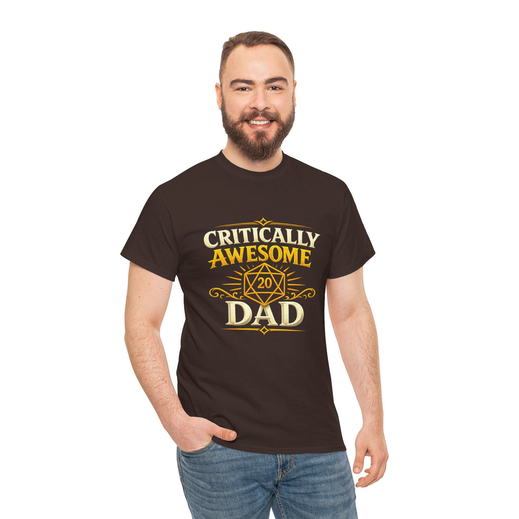 Critically Awesome Dad T‑Shirt – Gold D20 Gaming Father Tee (Father’s Day, Gamer Dad Gift)
