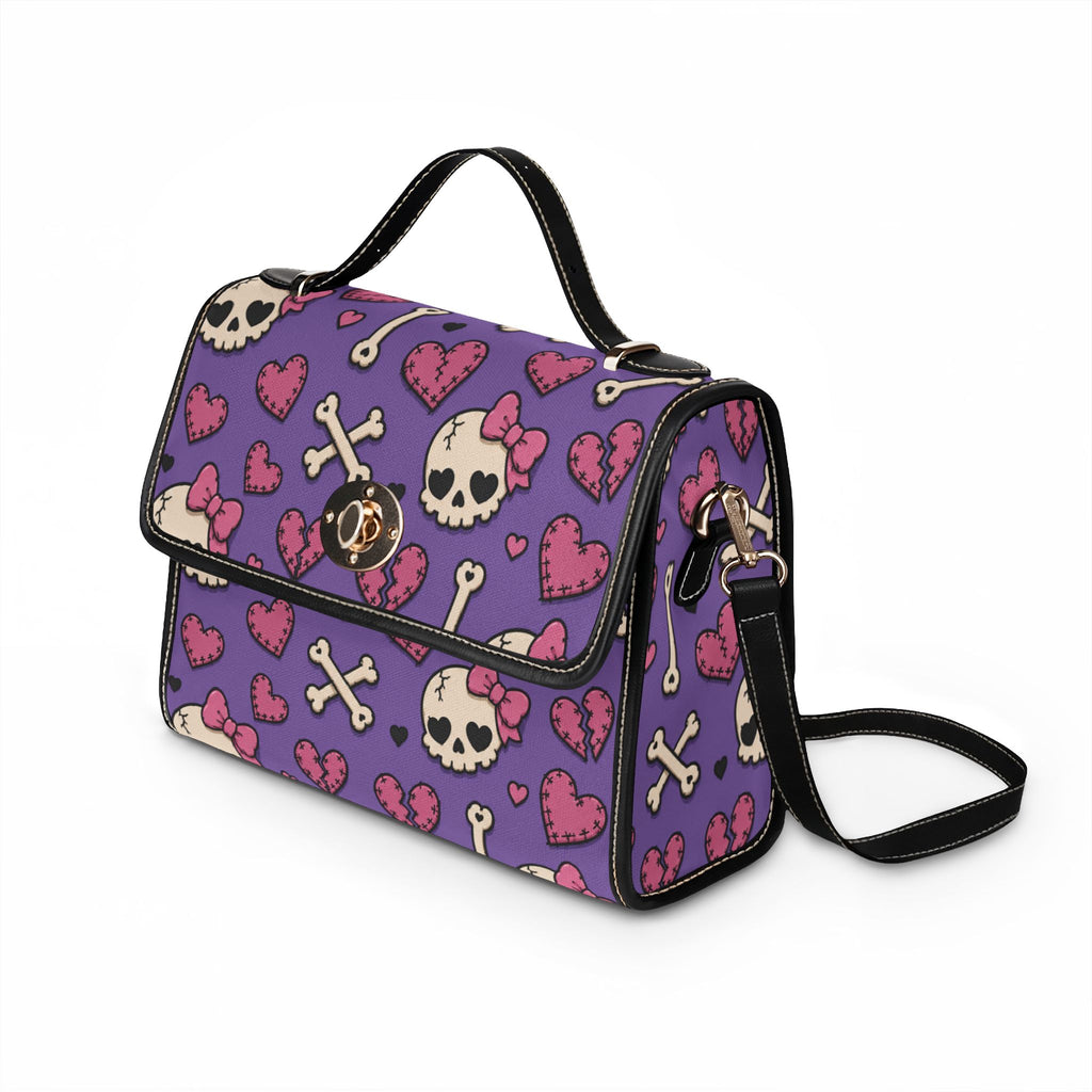 Cute Skull and Hearts Purple Pattern Waterproof Canvas Bag | Skull Crossbones Hearts Tote