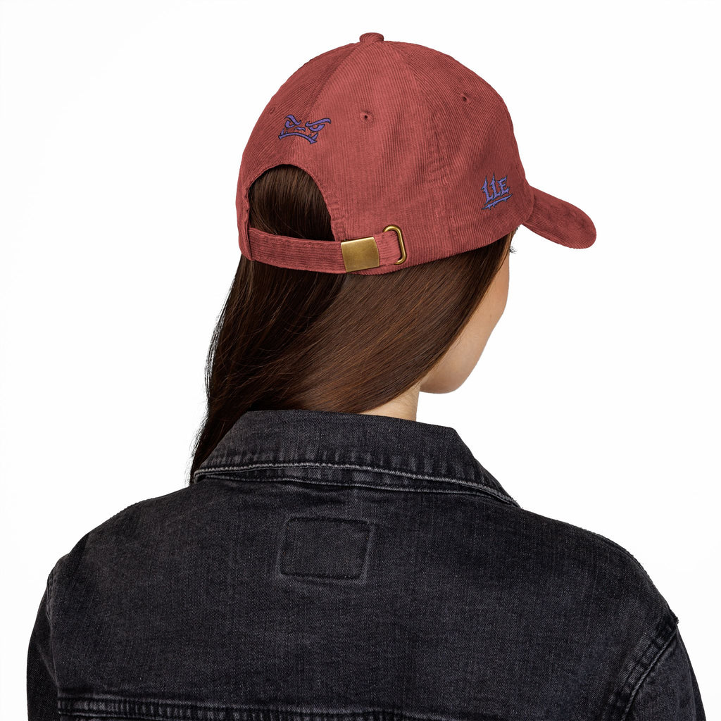Vintage Corduroy Baseball Cap — Embroidered Purple Dino Skull