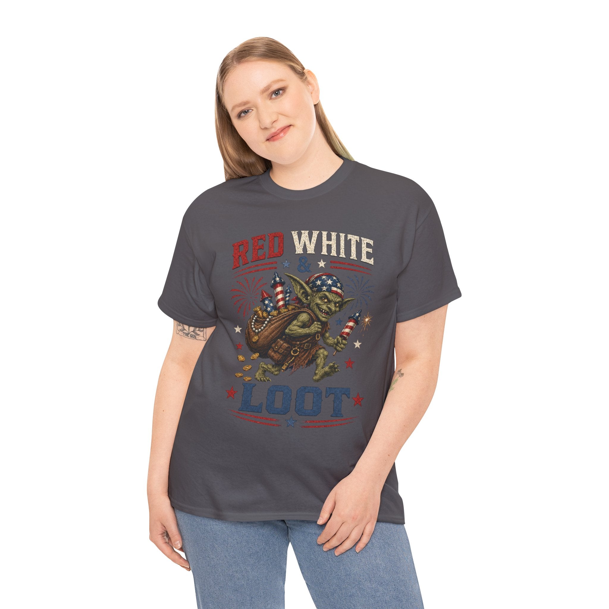 Red White & Loot Goblin Illustration Tee | Patriotic Fourth of July Shirt