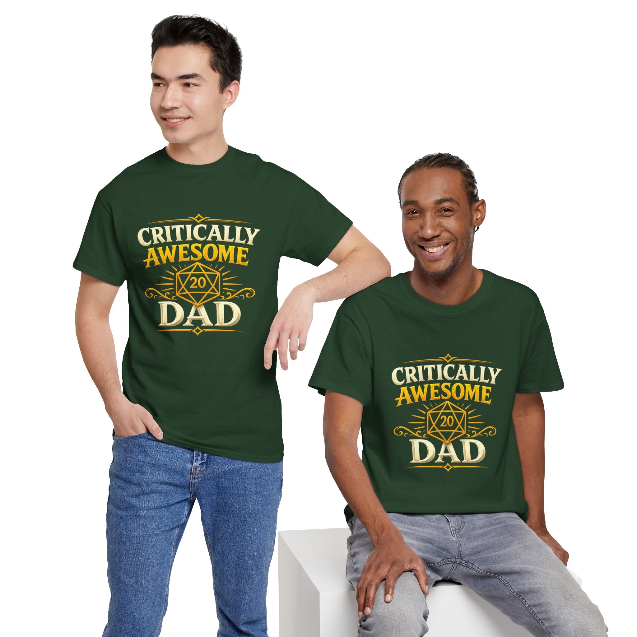 Critically Awesome Dad T‑Shirt – Gold D20 Gaming Father Tee (Father’s Day, Gamer Dad Gift)