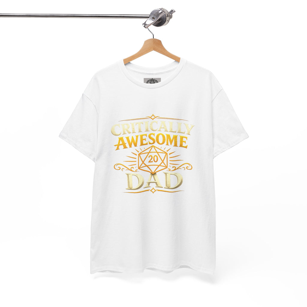 Critically Awesome Dad T‑Shirt – Gold D20 Gaming Father Tee (Father’s Day, Gamer Dad Gift)