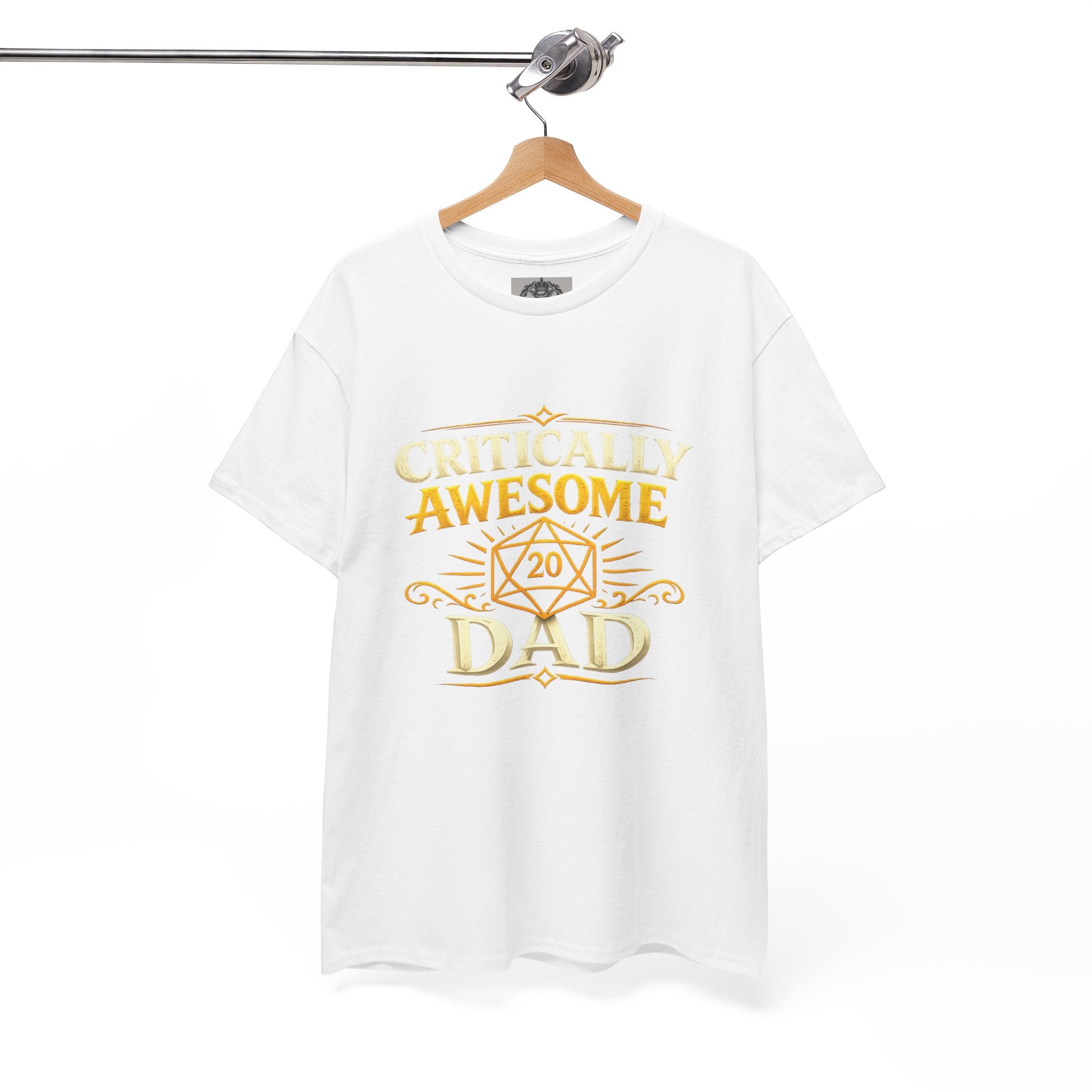 Critically Awesome Dad T‑Shirt – Gold D20 Gaming Father Tee (Father’s Day, Gamer Dad Gift)