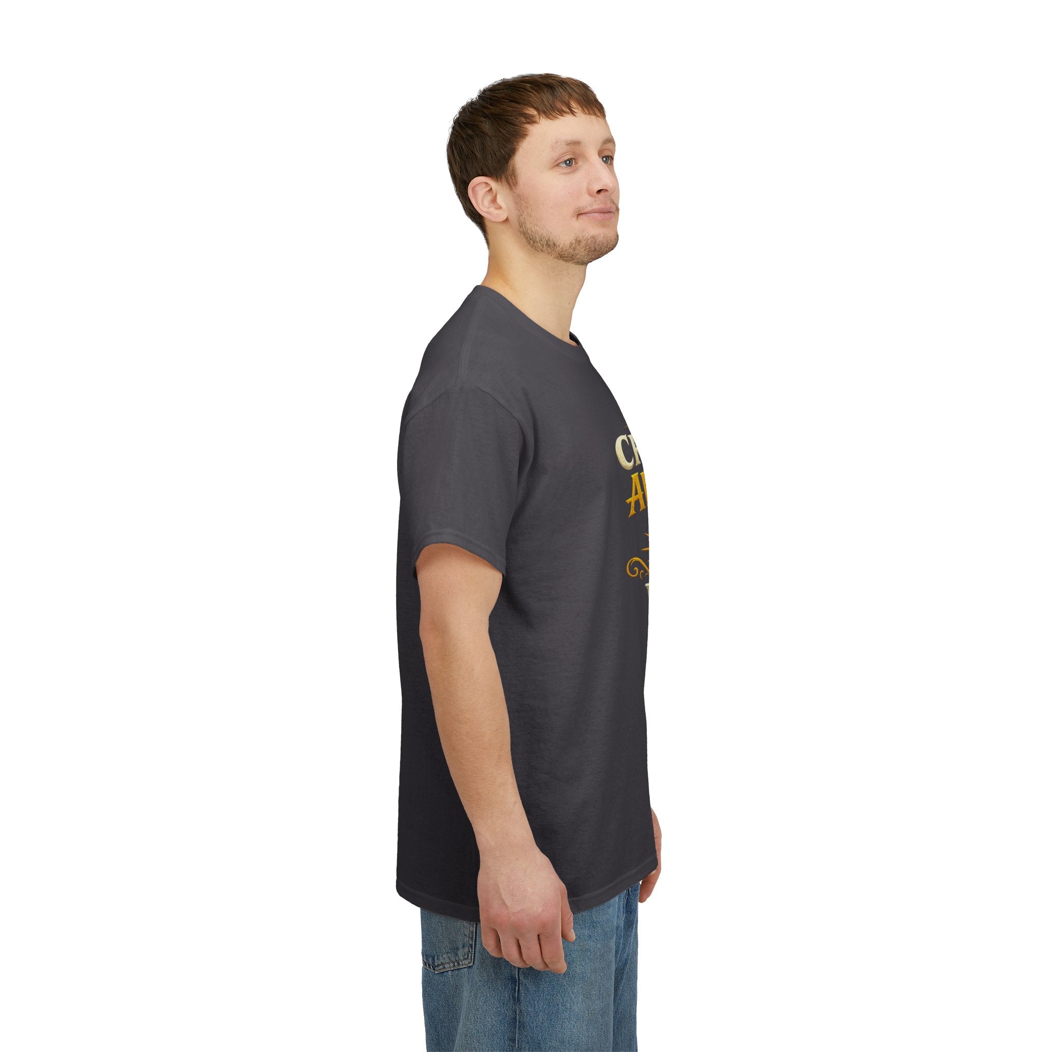 Critically Awesome Dad T‑Shirt – Gold D20 Gaming Father Tee (Father’s Day, Gamer Dad Gift)