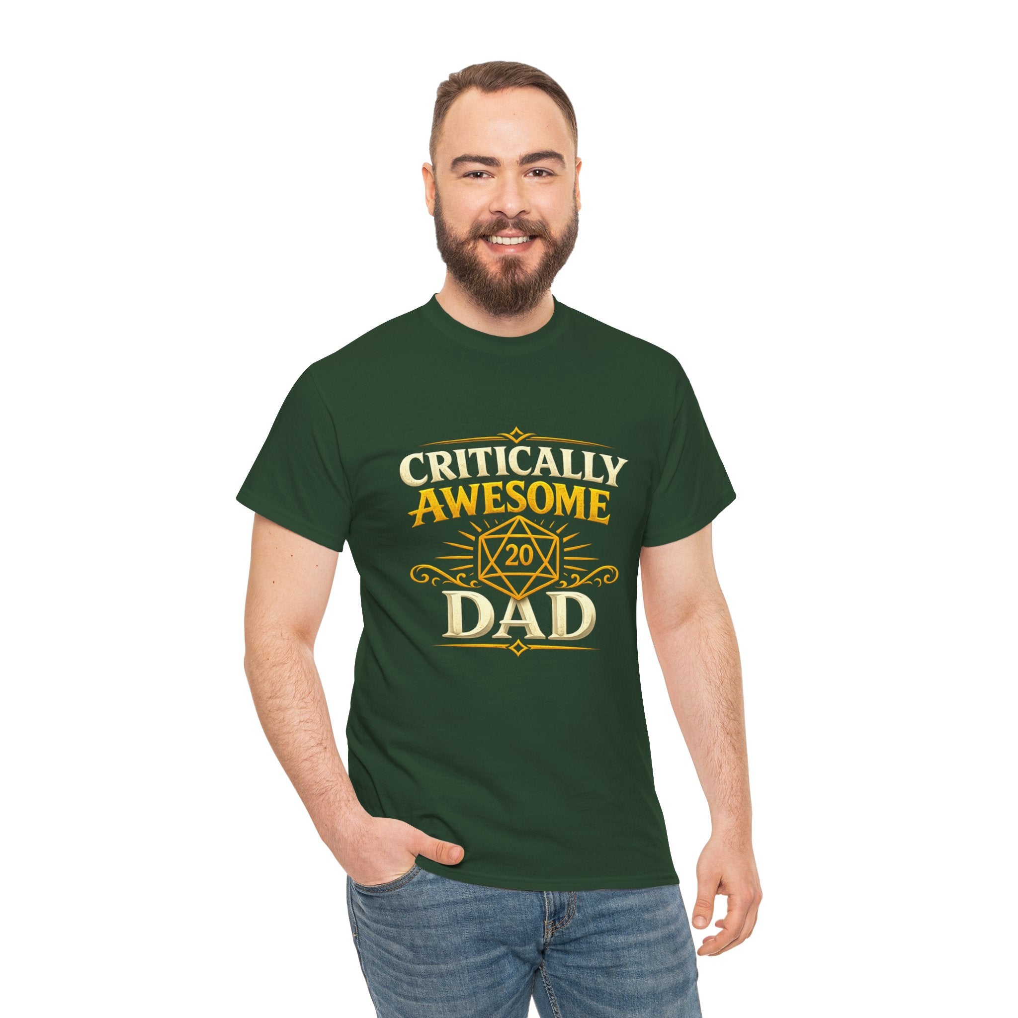 Critically Awesome Dad T‑Shirt – Gold D20 Gaming Father Tee (Father’s Day, Gamer Dad Gift)