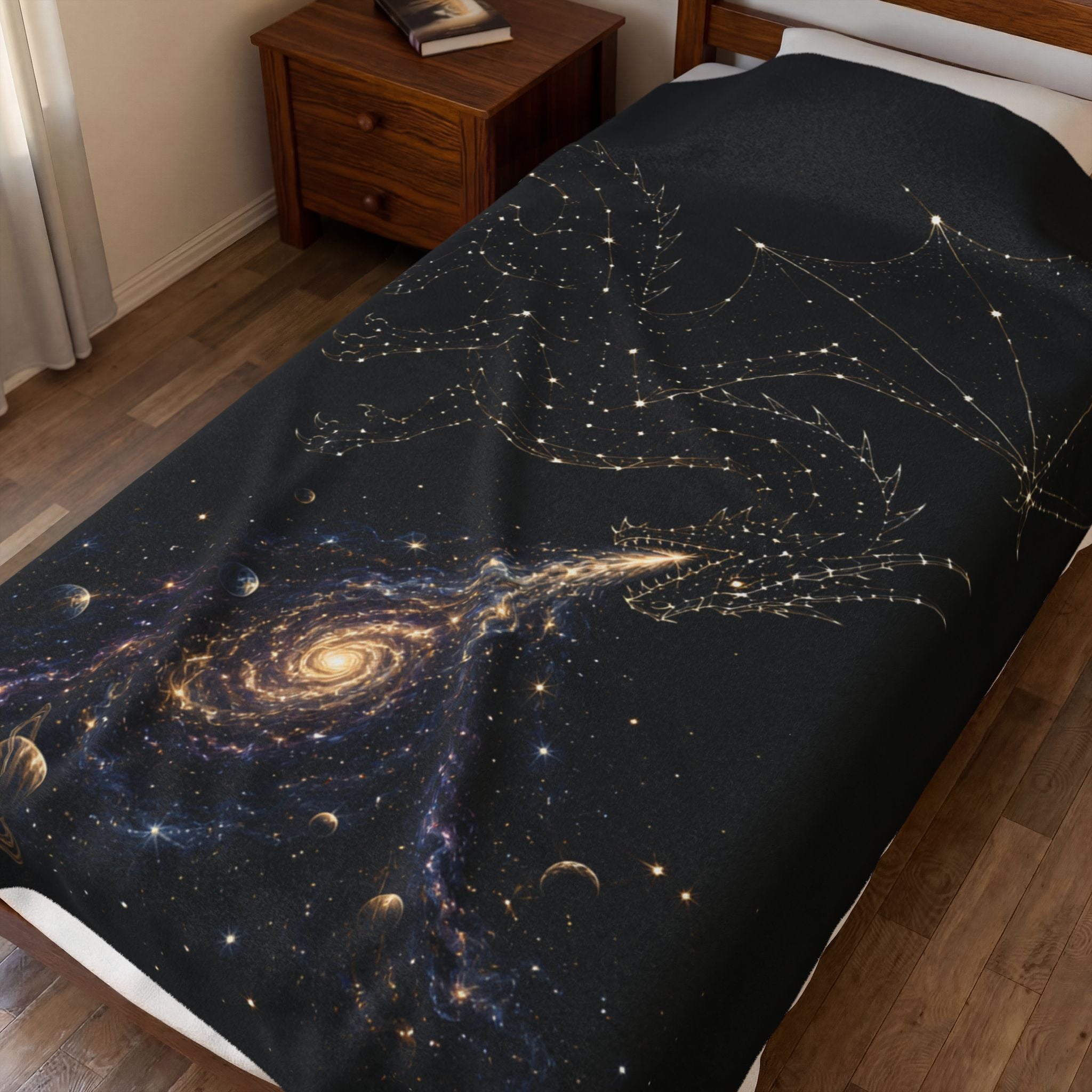 Galaxy Dragon Plush Blanket — Starry Constellation Velveteen Throw