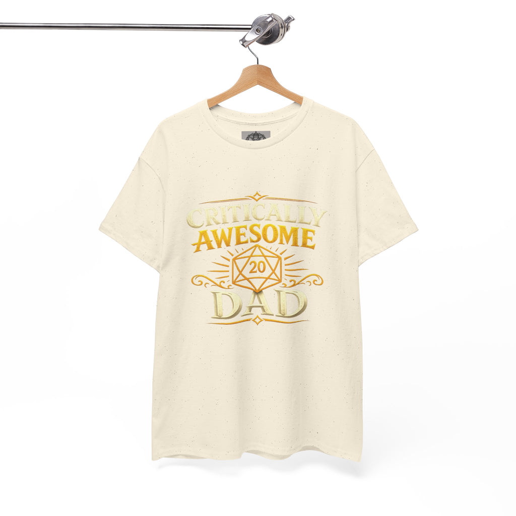 Critically Awesome Dad T‑Shirt – Gold D20 Gaming Father Tee (Father’s Day, Gamer Dad Gift)