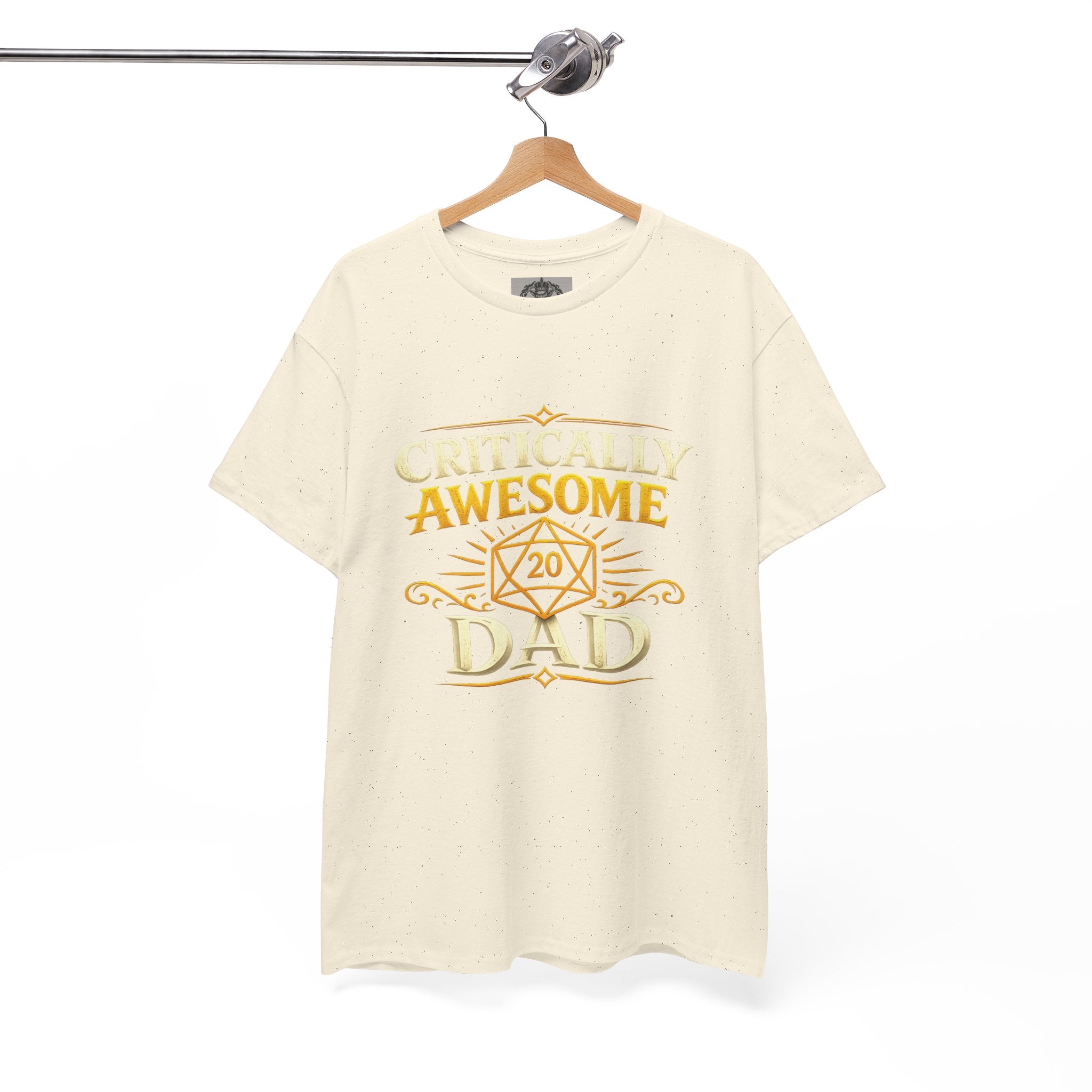 Critically Awesome Dad T‑Shirt – Gold D20 Gaming Father Tee (Father’s Day, Gamer Dad Gift)