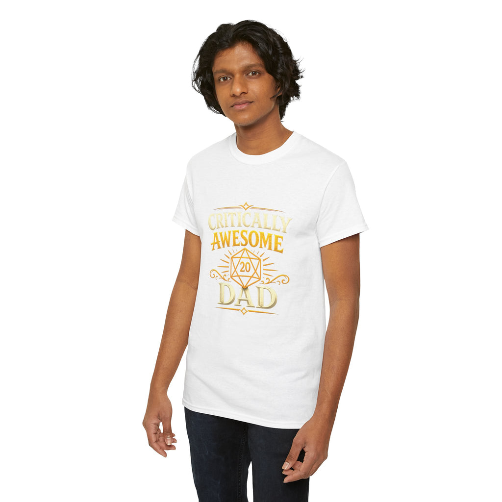 Critically Awesome Dad T‑Shirt – Gold D20 Gaming Father Tee (Father’s Day, Gamer Dad Gift)