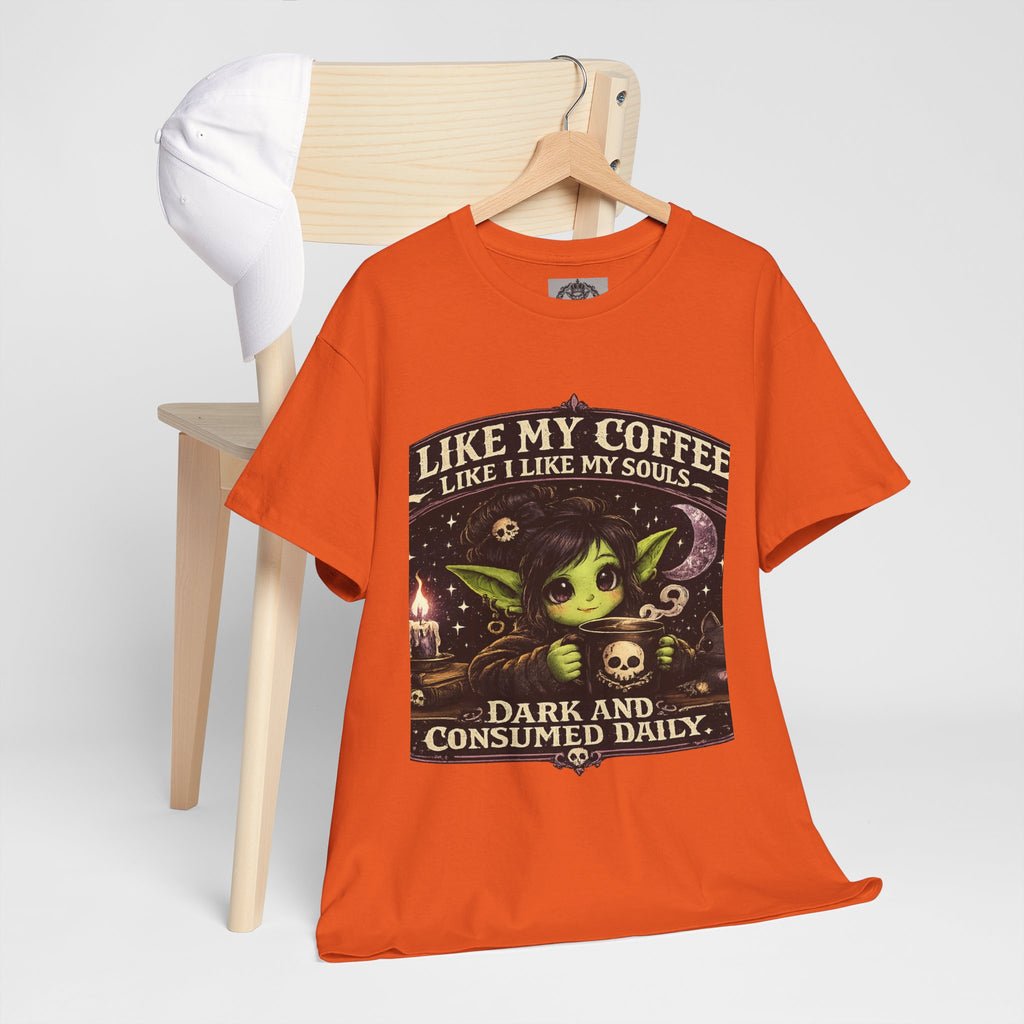 Like My Coffee Tee — "Like My Coffee Like I Like My Souls: Dark and Consumed Daily" Gothic Graphic T-Shirt