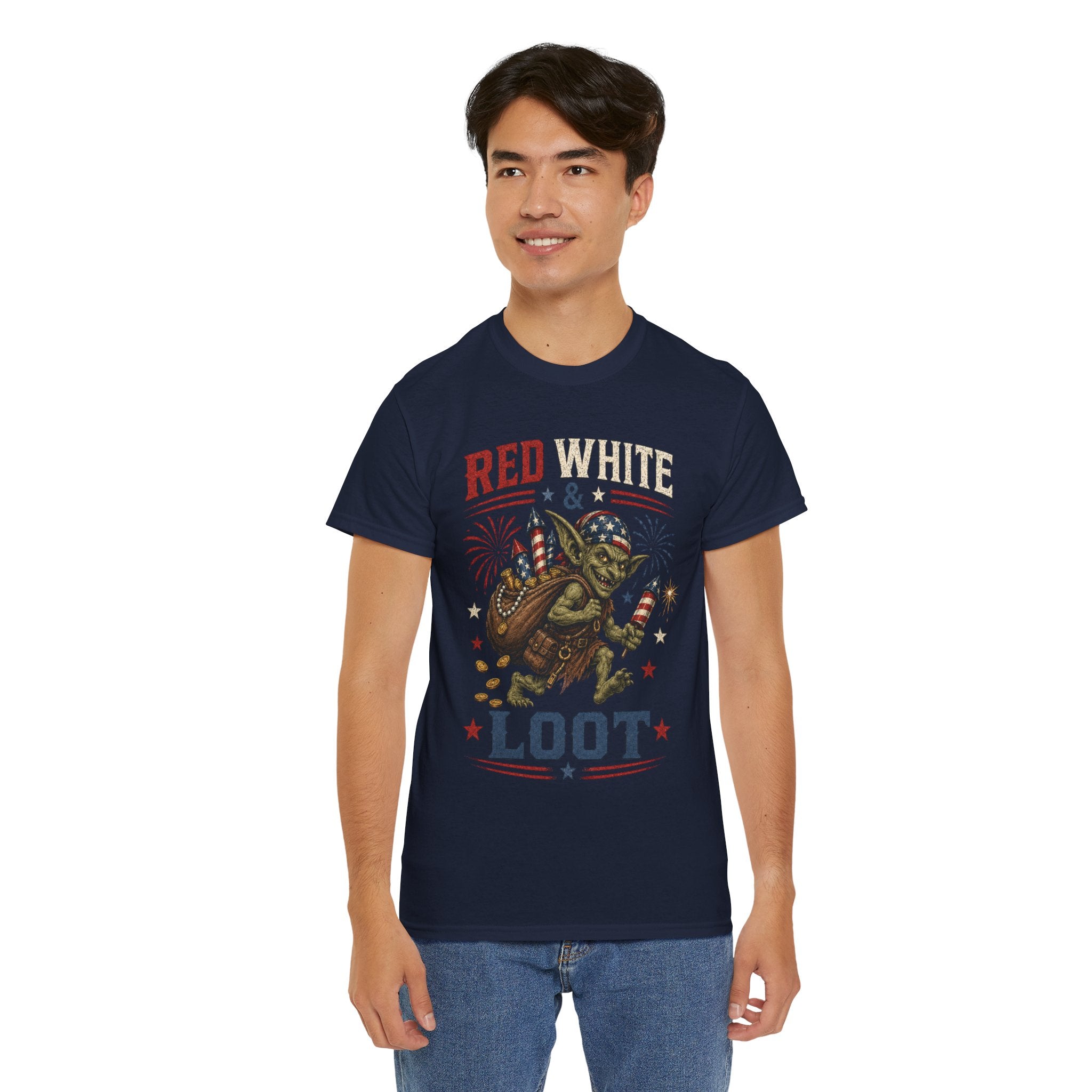 Red White & Loot Goblin Illustration Tee | Patriotic Fourth of July Shirt