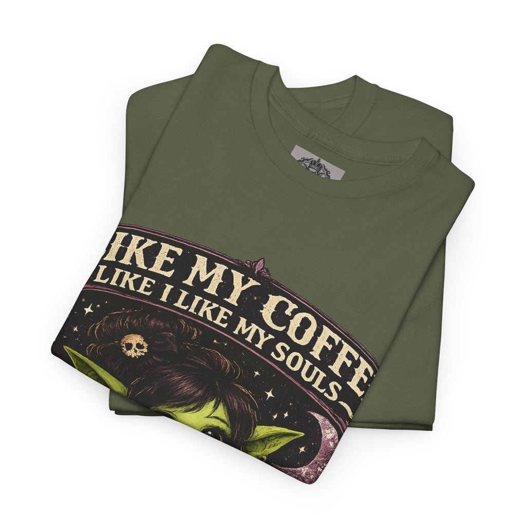 Like My Coffee Tee — "Like My Coffee Like I Like My Souls: Dark and Consumed Daily" Gothic Graphic T-Shirt