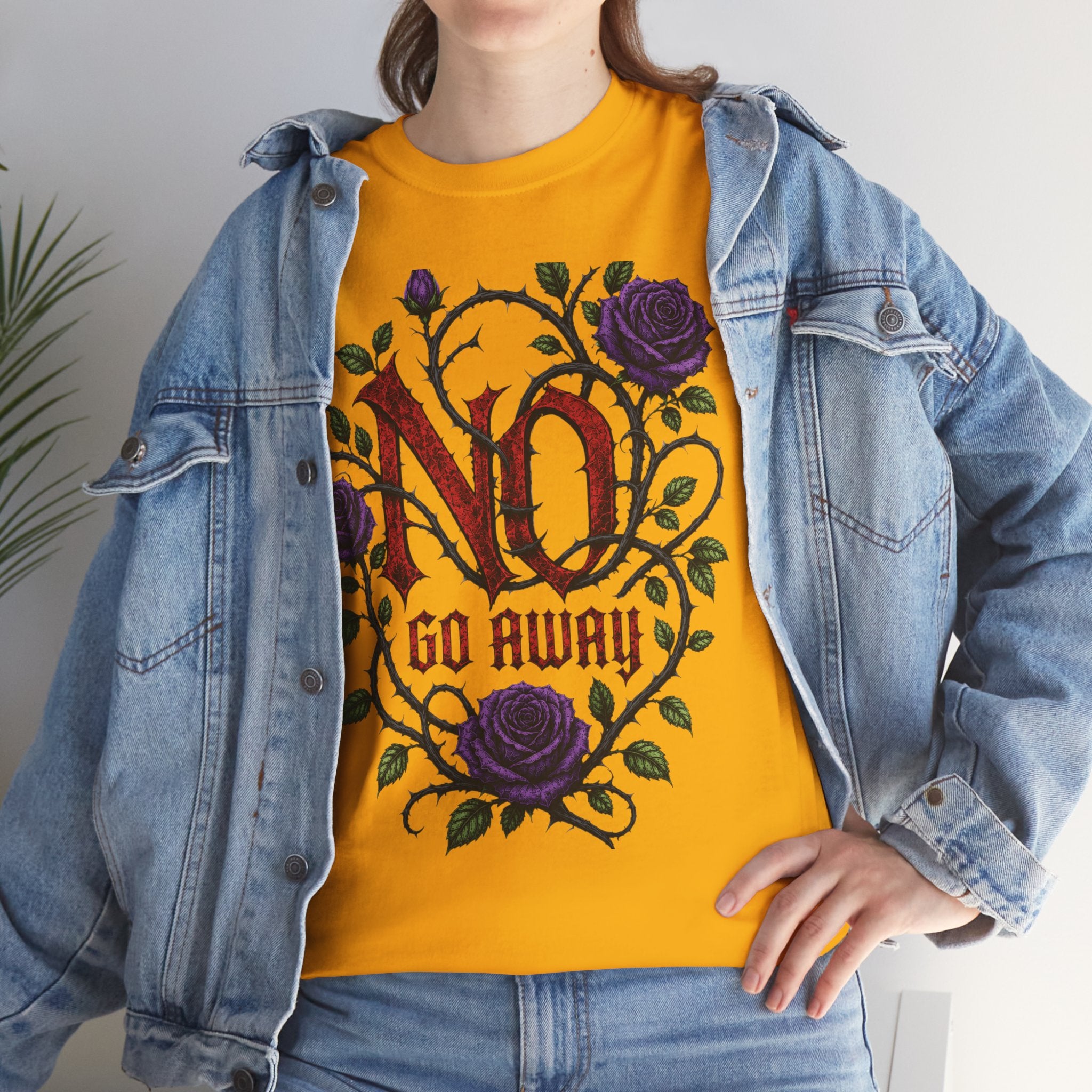 No Go Away T-Shirt | Gothic Purple Roses, Dark Floral Typography