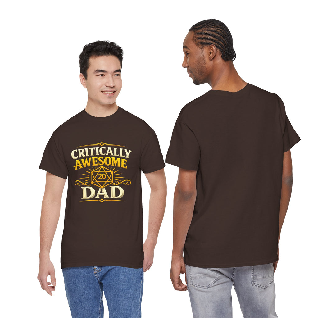 Critically Awesome Dad T‑Shirt – Gold D20 Gaming Father Tee (Father’s Day, Gamer Dad Gift)