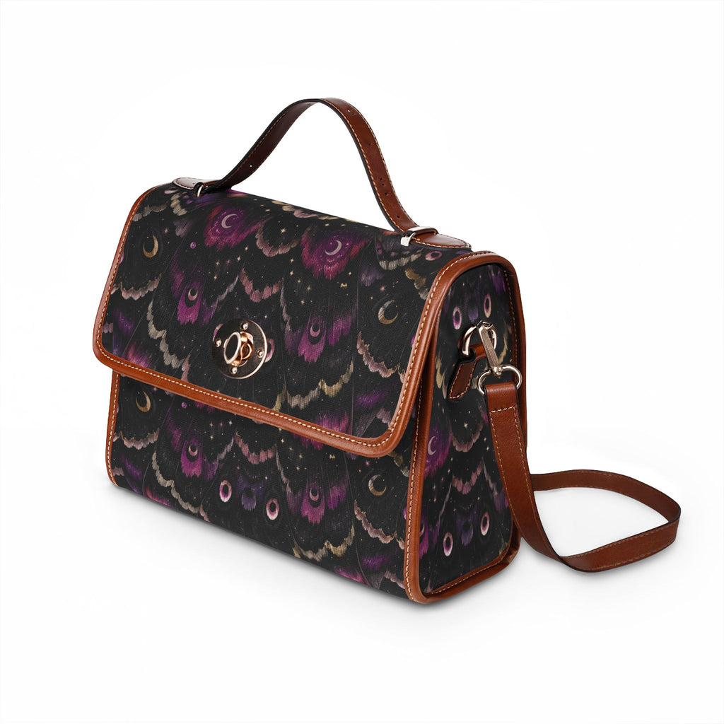 Dark Purple Moth Wing Pattern Waterproof Canvas Bag | Floral Boho Satchel