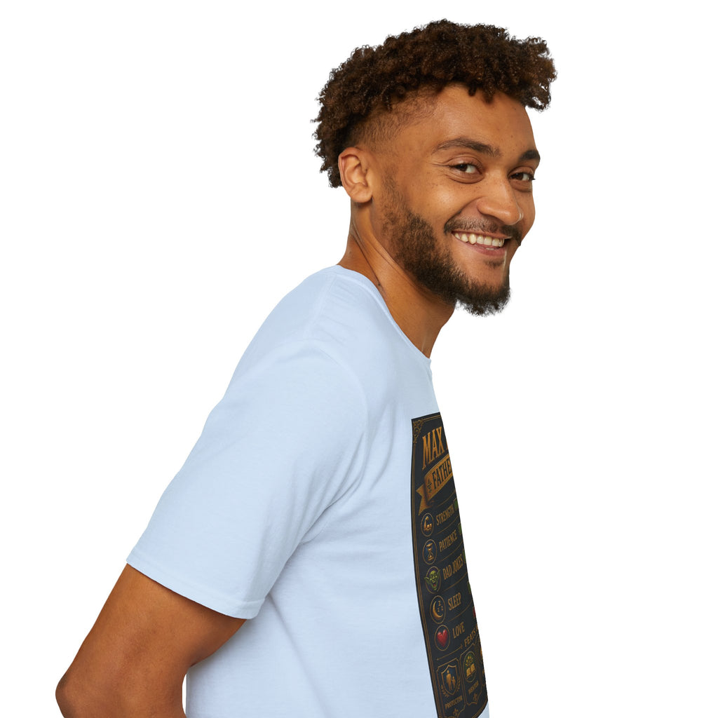 T-Shirt — "Max Level Father Class" Funny Gamer Dad Shirt (Strength, Patience, Dad Jokes)