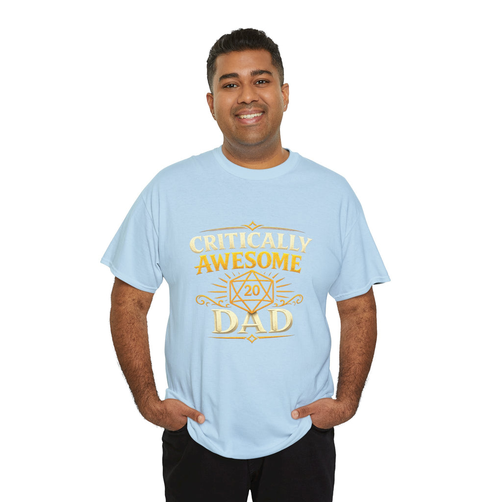 Critically Awesome Dad T‑Shirt – Gold D20 Gaming Father Tee (Father’s Day, Gamer Dad Gift)
