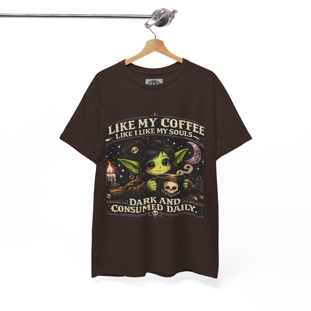 Like My Coffee Tee — "Like My Coffee Like I Like My Souls: Dark and Consumed Daily" Gothic Graphic T-Shirt