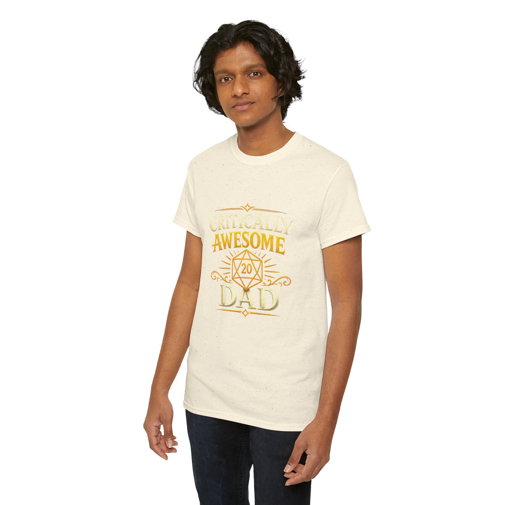 Critically Awesome Dad T‑Shirt – Gold D20 Gaming Father Tee (Father’s Day, Gamer Dad Gift)