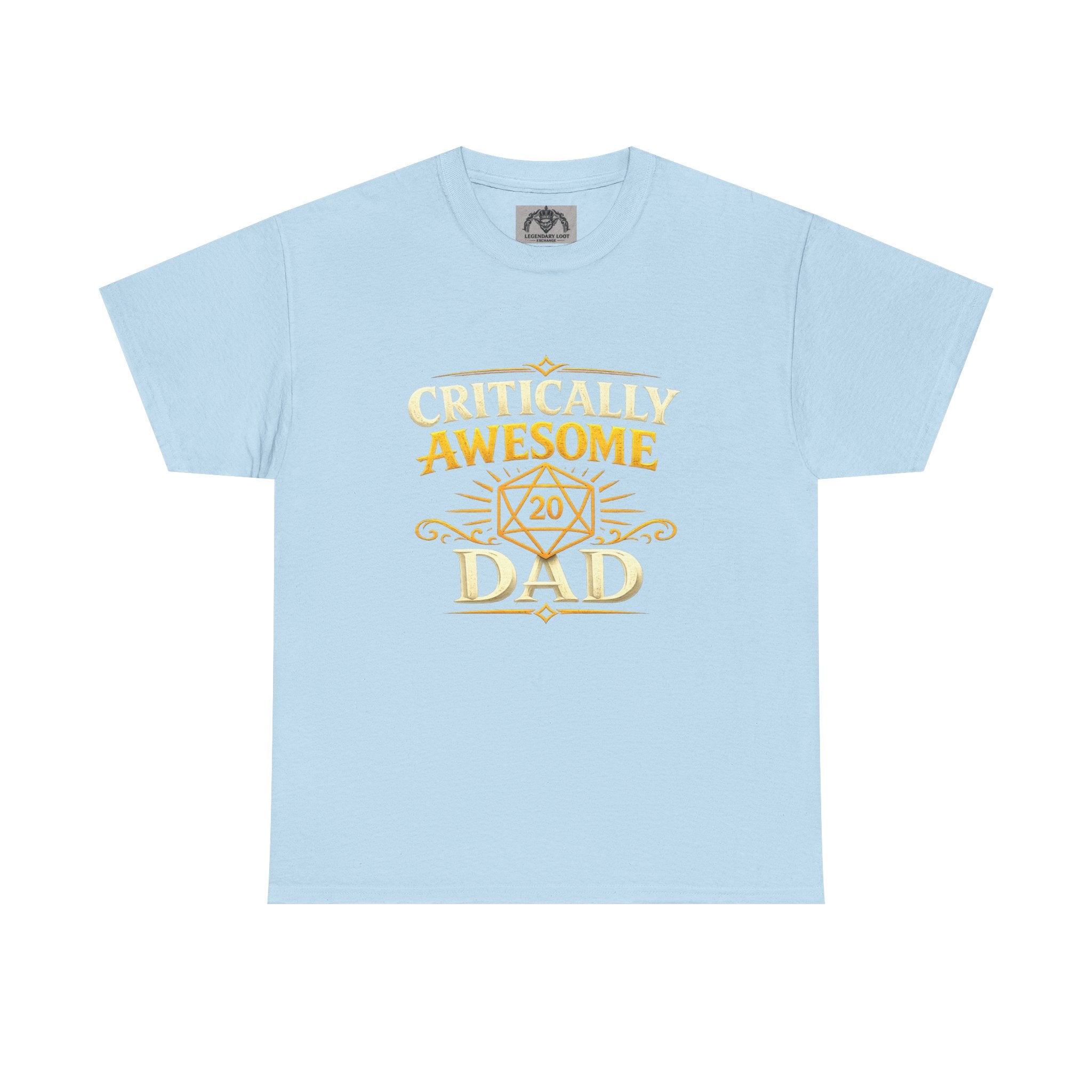 Critically Awesome Dad T‑Shirt – Gold D20 Gaming Father Tee (Father’s Day, Gamer Dad Gift)