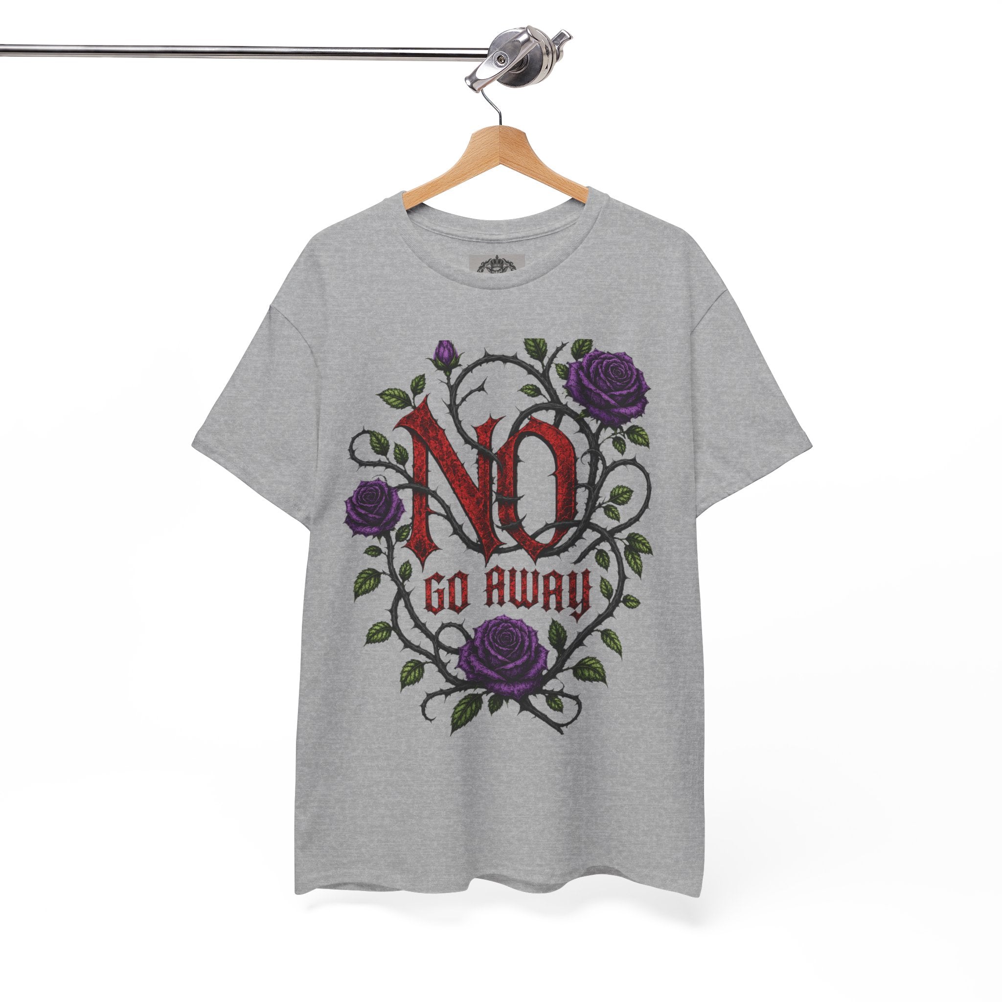 No Go Away T-Shirt | Gothic Purple Roses, Dark Floral Typography