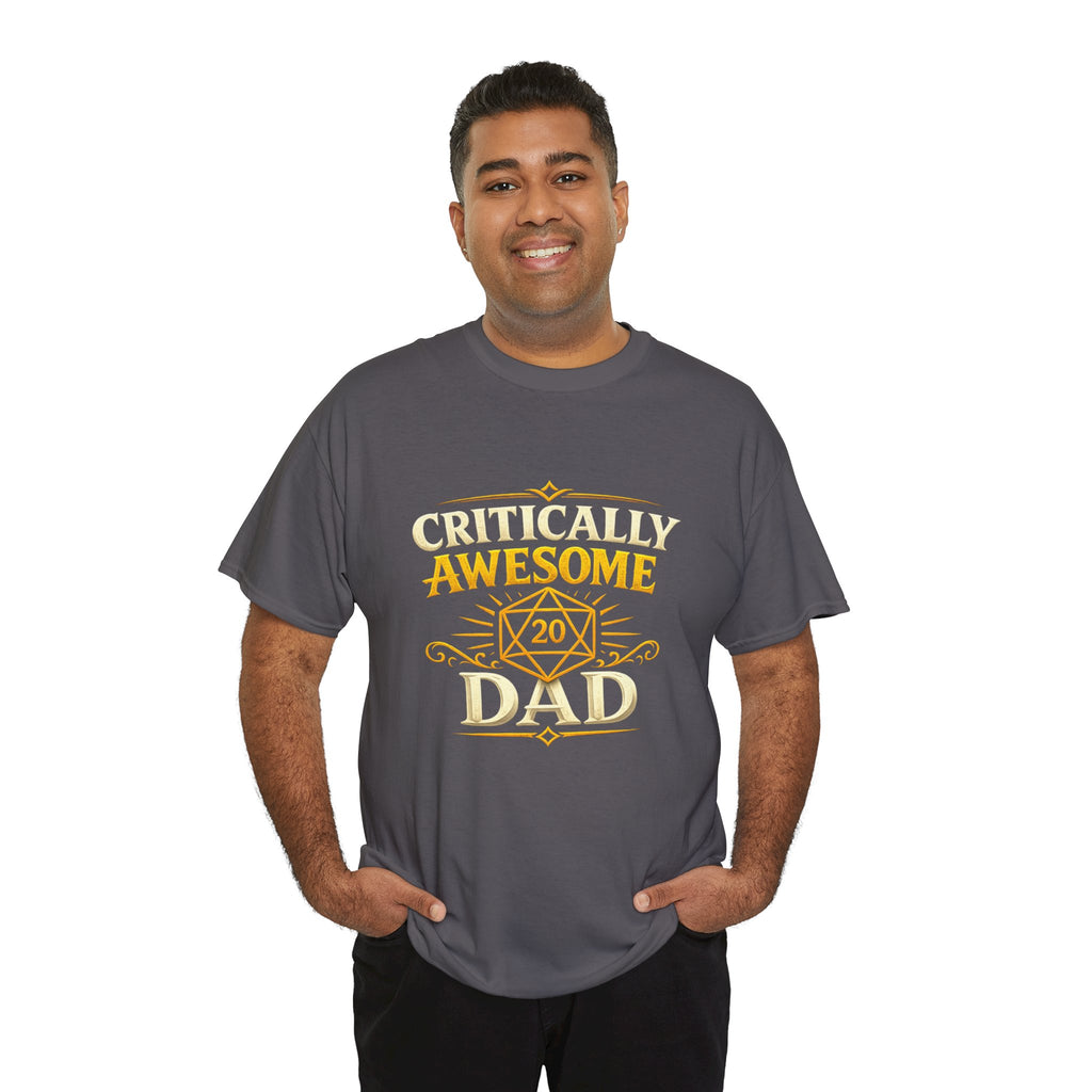 Critically Awesome Dad T‑Shirt – Gold D20 Gaming Father Tee (Father’s Day, Gamer Dad Gift)