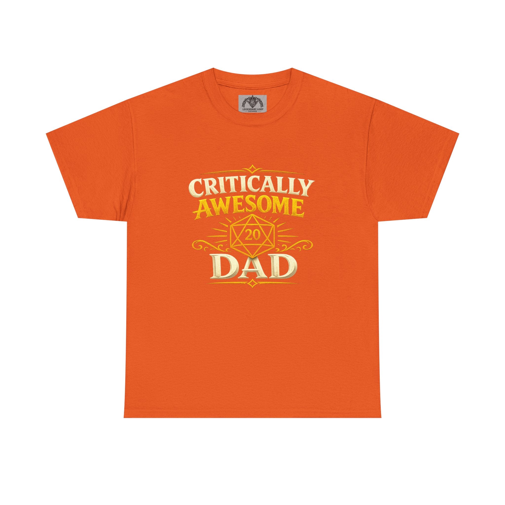 Critically Awesome Dad T‑Shirt – Gold D20 Gaming Father Tee (Father’s Day, Gamer Dad Gift)