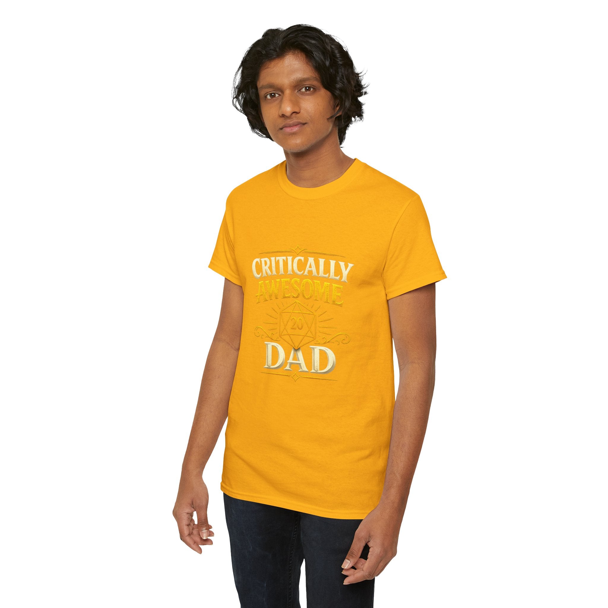Critically Awesome Dad T‑Shirt – Gold D20 Gaming Father Tee (Father’s Day, Gamer Dad Gift)