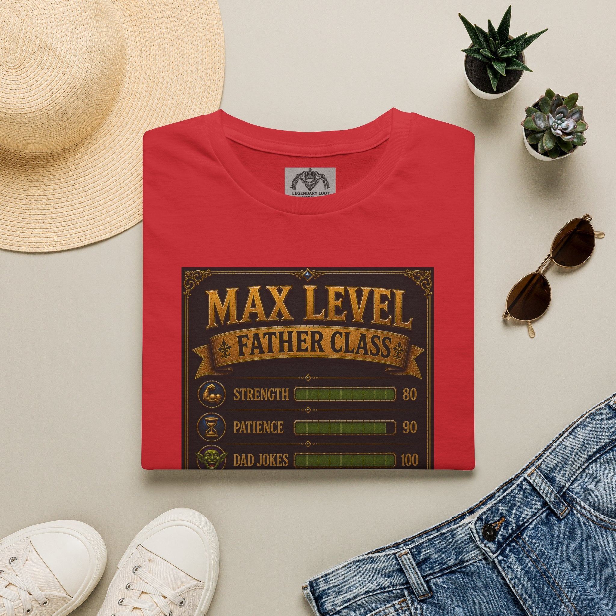 T-Shirt — "Max Level Father Class" Funny Gamer Dad Shirt (Strength, Patience, Dad Jokes)