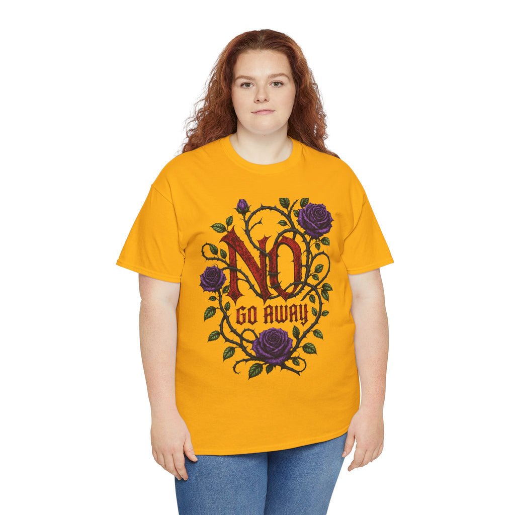 No Go Away T-Shirt | Gothic Purple Roses, Dark Floral Typography