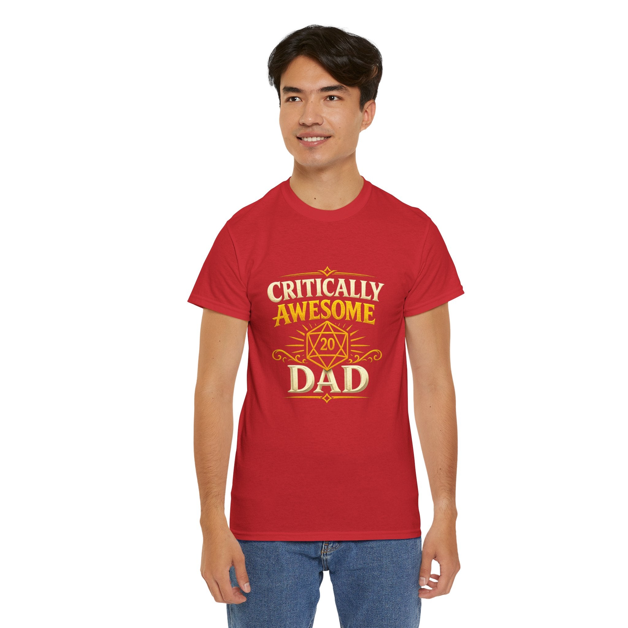 Critically Awesome Dad T‑Shirt – Gold D20 Gaming Father Tee (Father’s Day, Gamer Dad Gift)