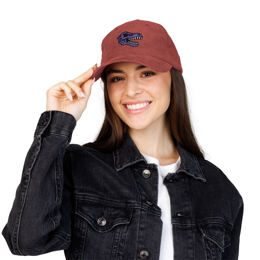 Vintage Corduroy Baseball Cap — Embroidered Purple Dino Skull