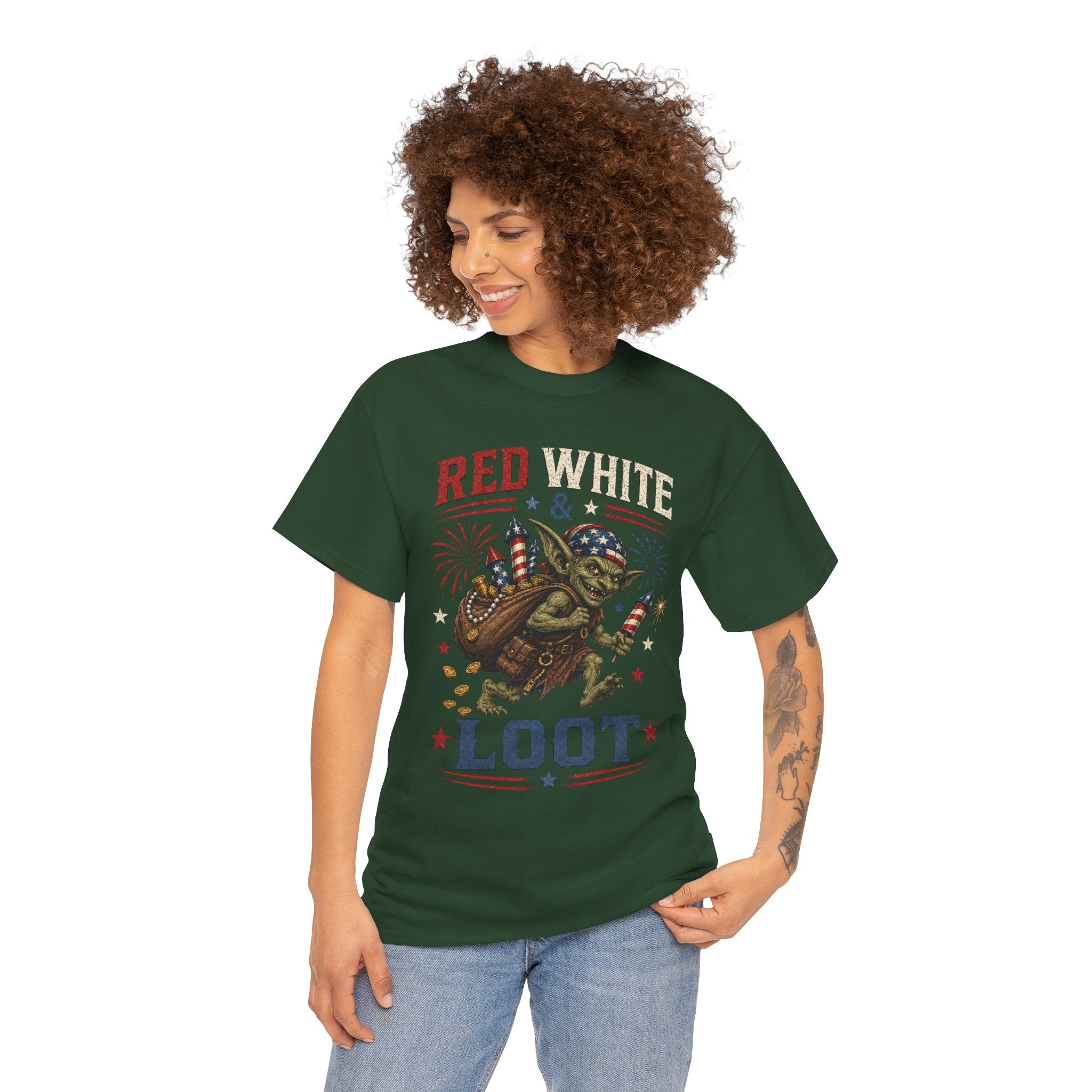 Red White & Loot Goblin Illustration Tee | Patriotic Fourth of July Shirt